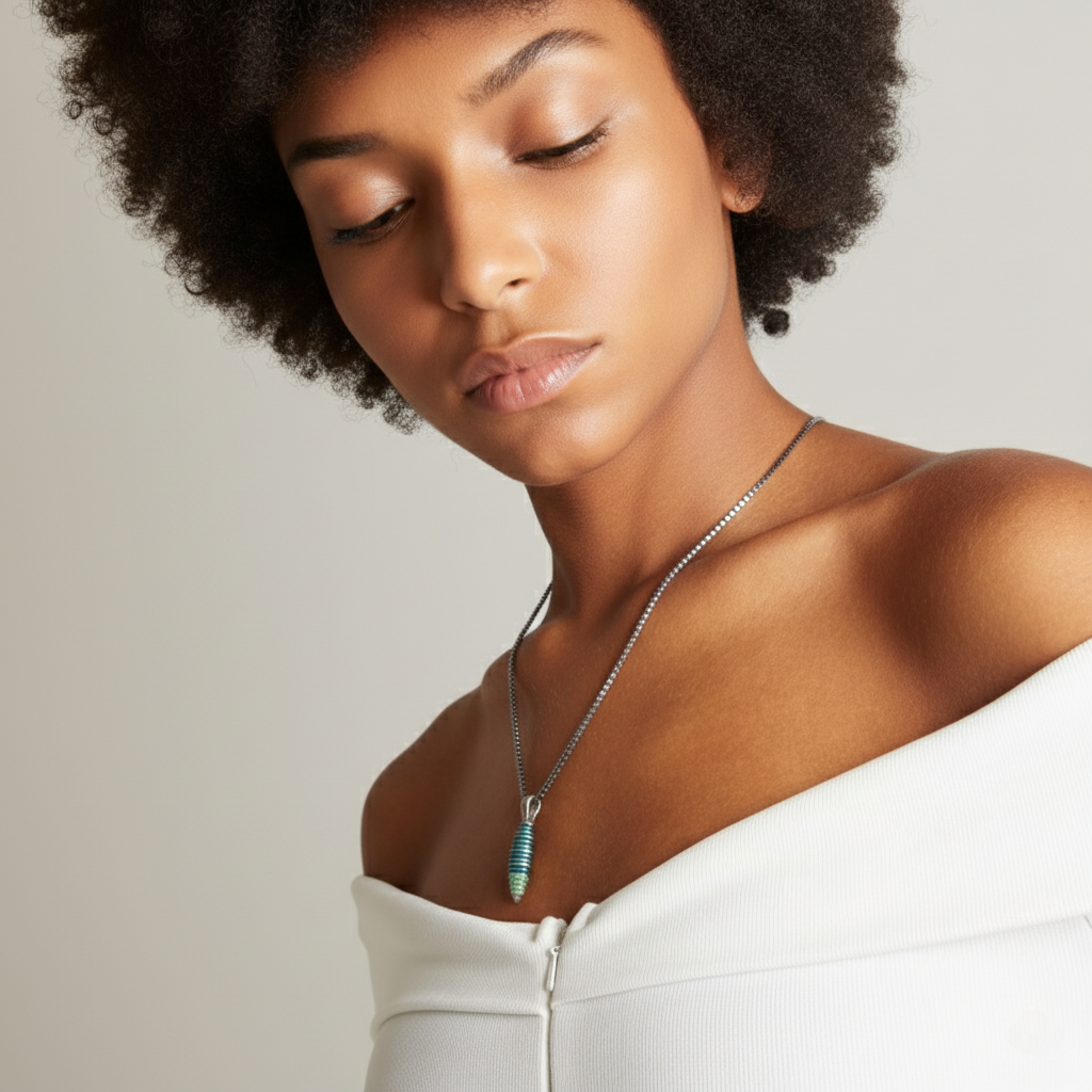Model wearing silver pendant with green enamel
