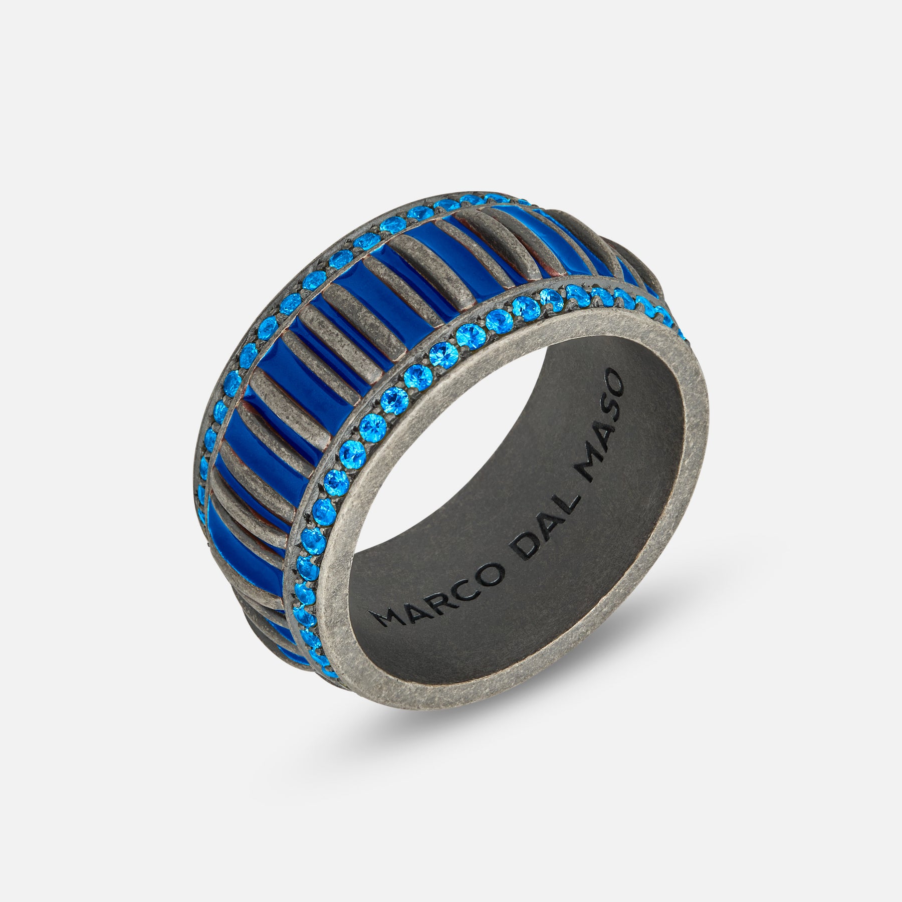 ACIES Crowned Band in silver with pavé blue sapphires and blue enamel