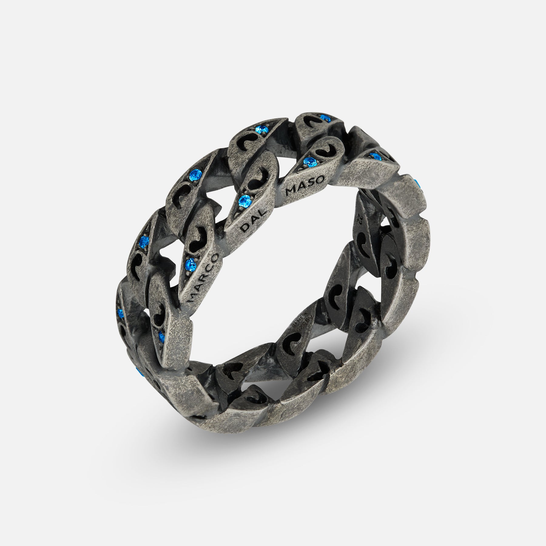 Front of Molten Loop Ring in Oxidized Silver, Blue Sapphire