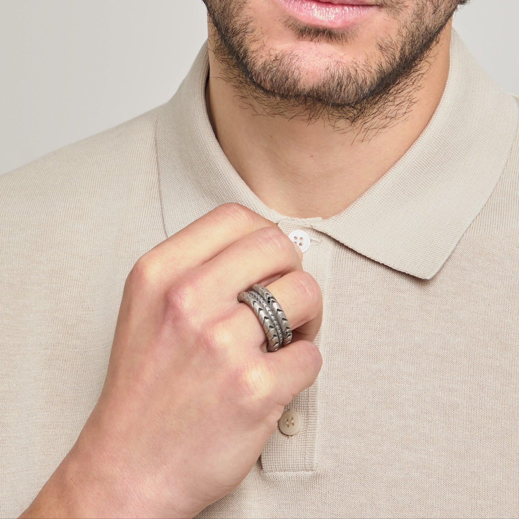 Model wearing Iron Snake Pave Ring in oxidized silver.