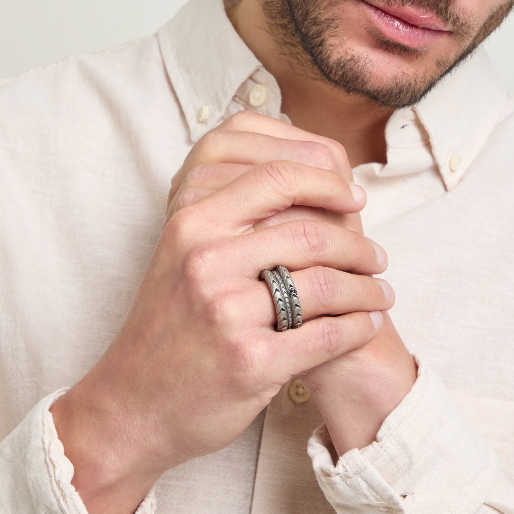 Model wearing Iron Snake Pave Ring in oxidized silver.