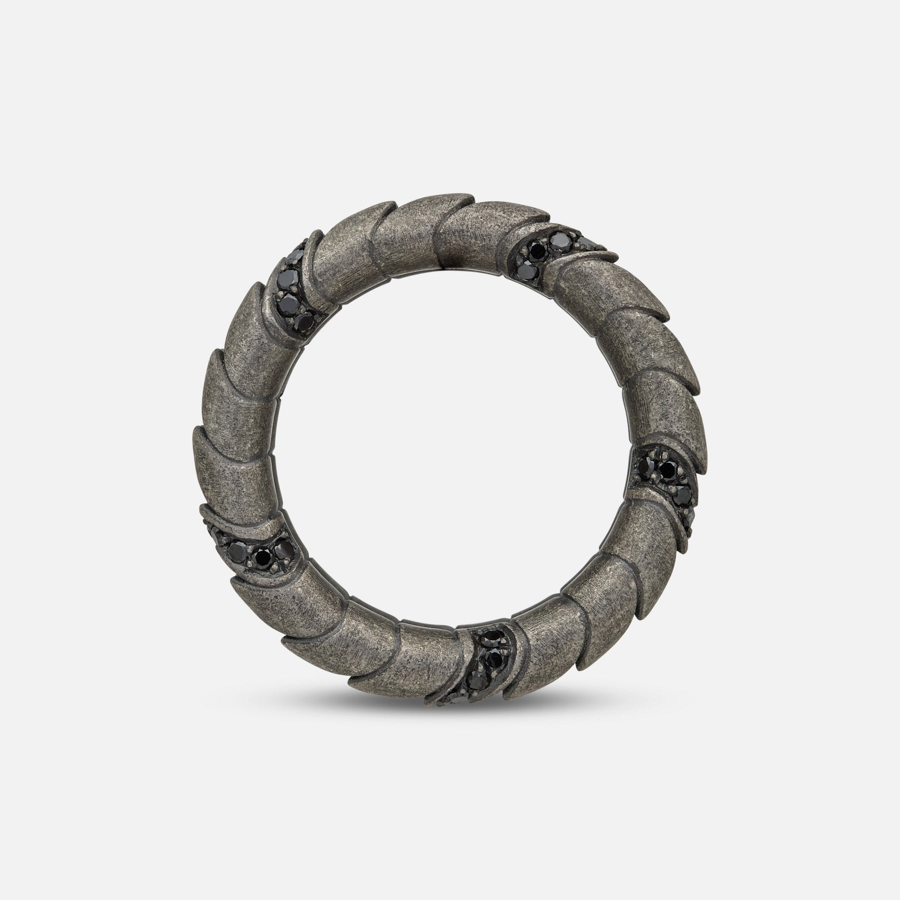 Side view of oxidized silver Iron Snake ring showing Pave diamond detailing.