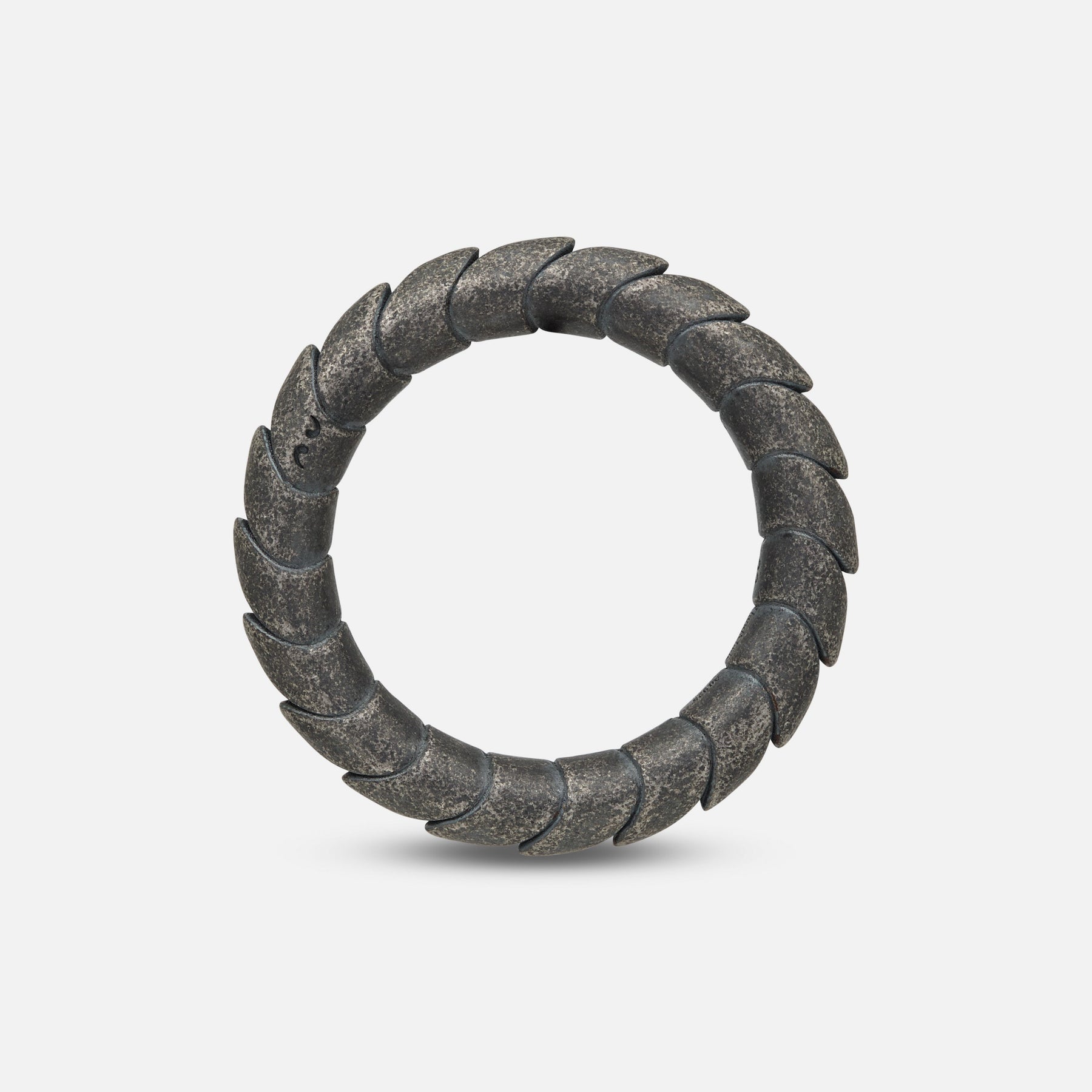 Side angle of slender oxidized silver ring from Iron Snake collection