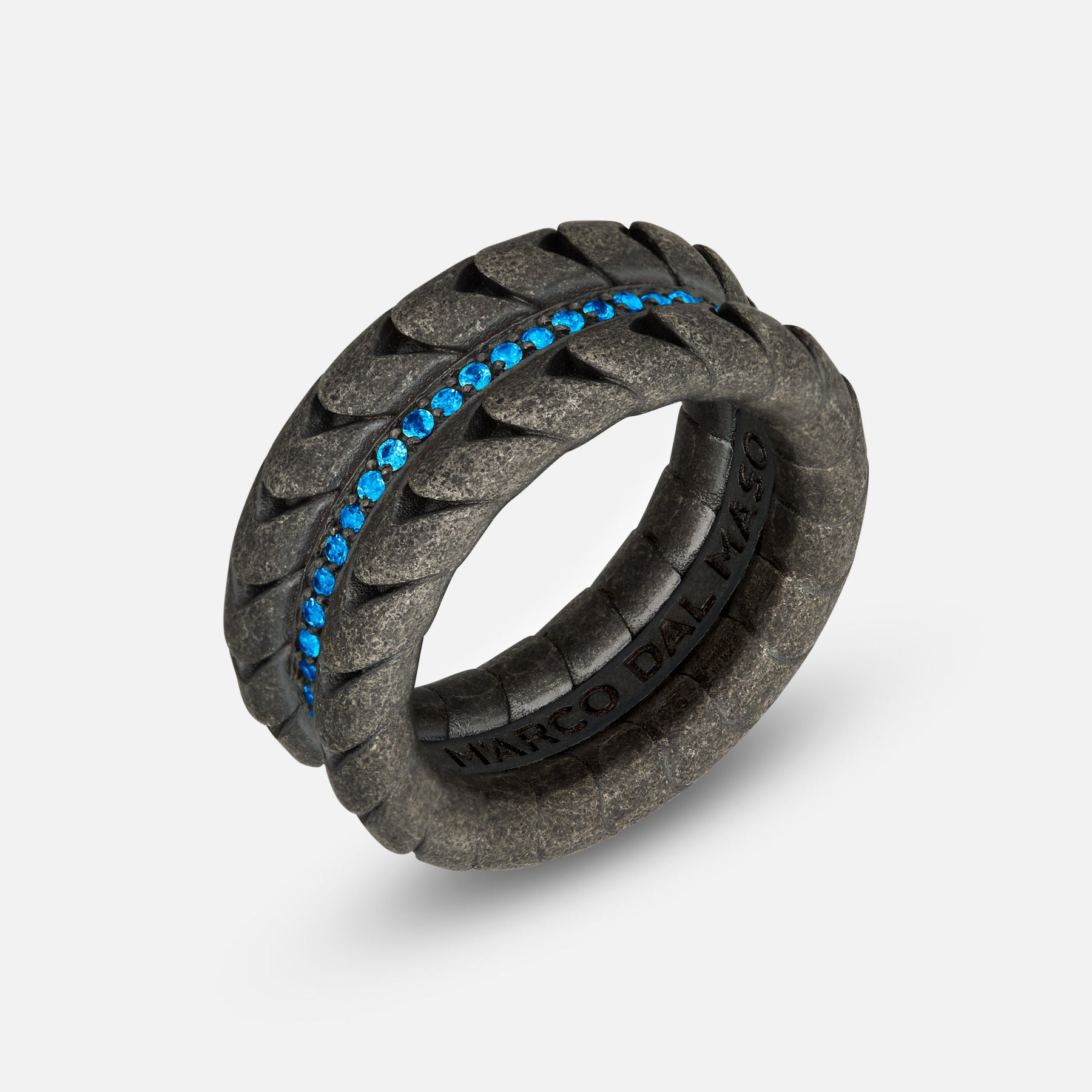 Side profile of oxidized silver Iron Snake ring showing Pave sapphire detailing.