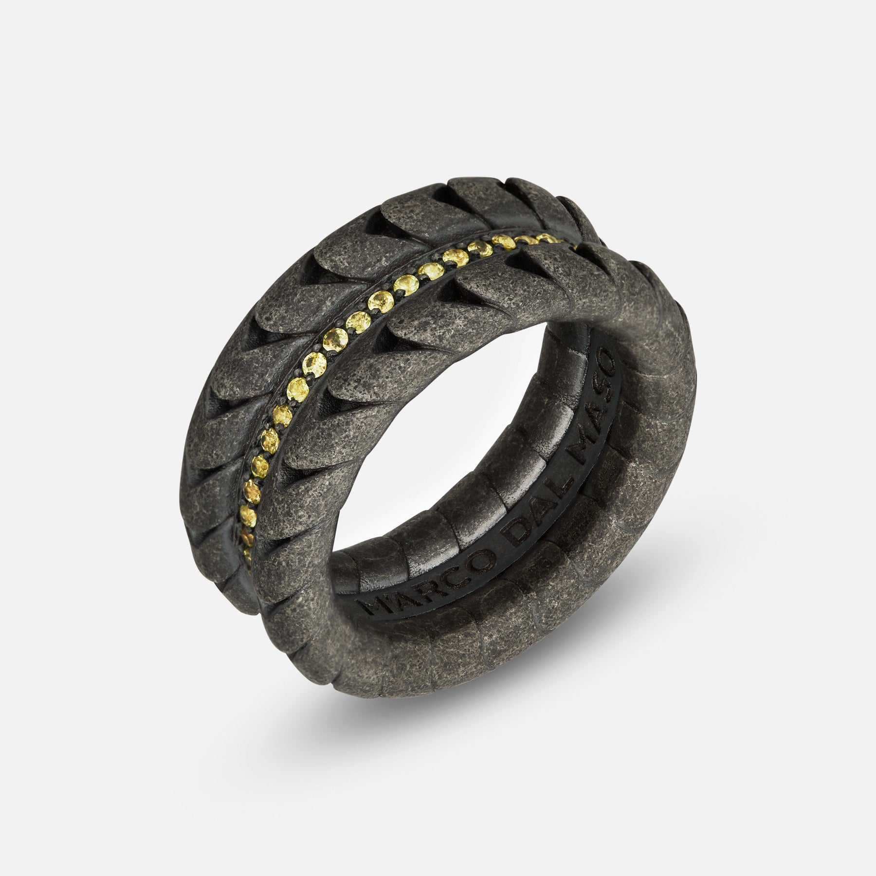 Close-up of Iron Snake Pave Ring in oxidized silver with yellow sapphires