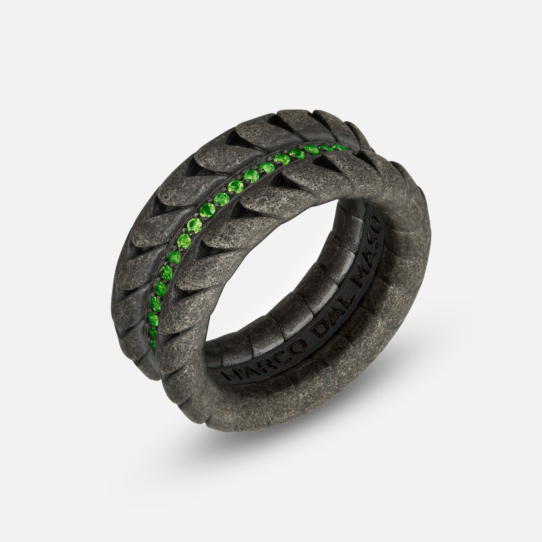 Close-up of Iron Snake Pave Ring in oxidized silver with tsavorites.