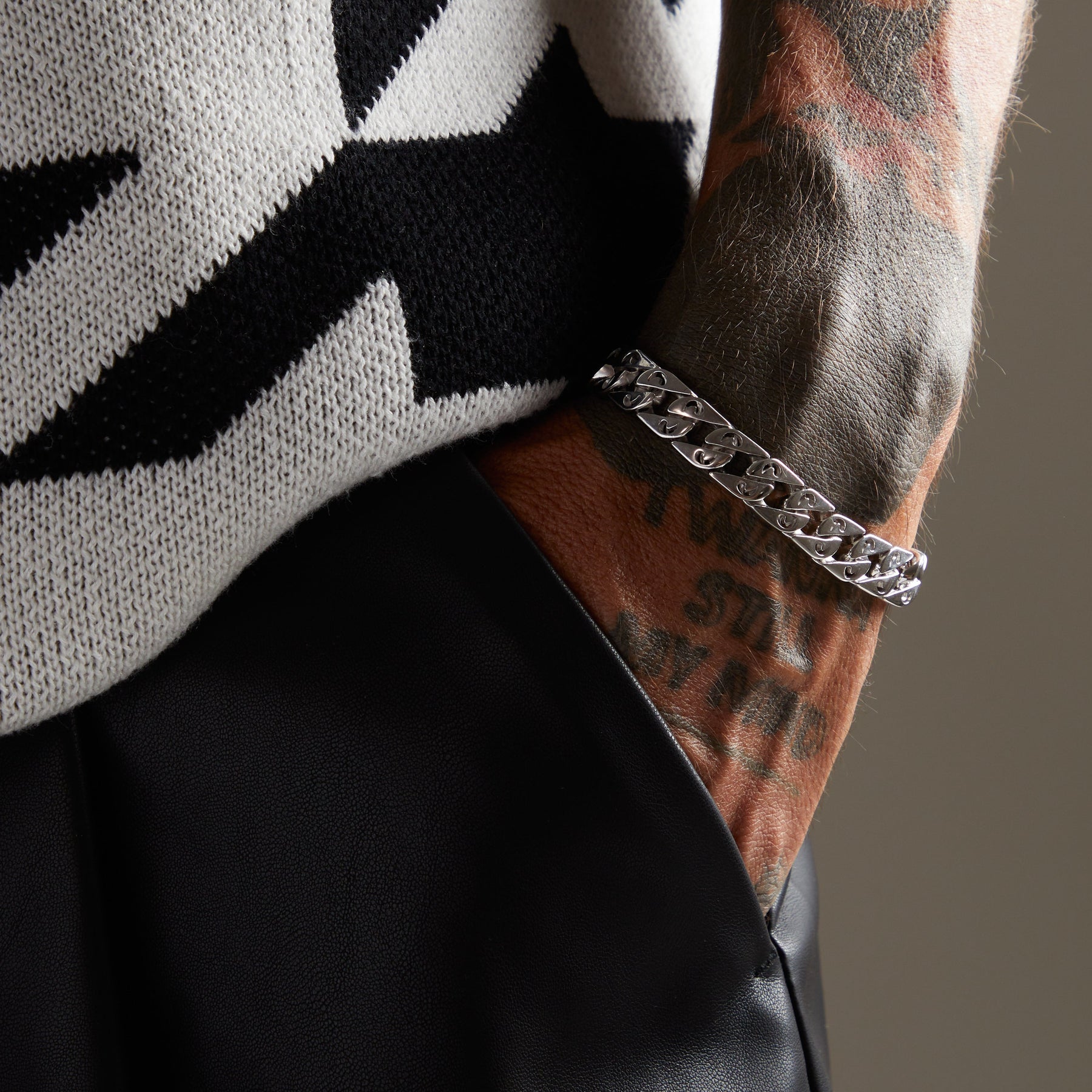 FLAMING TONGUE Oxidized Bracelet, Polished, Oxidized Silver, Black Diamonds - Worn View