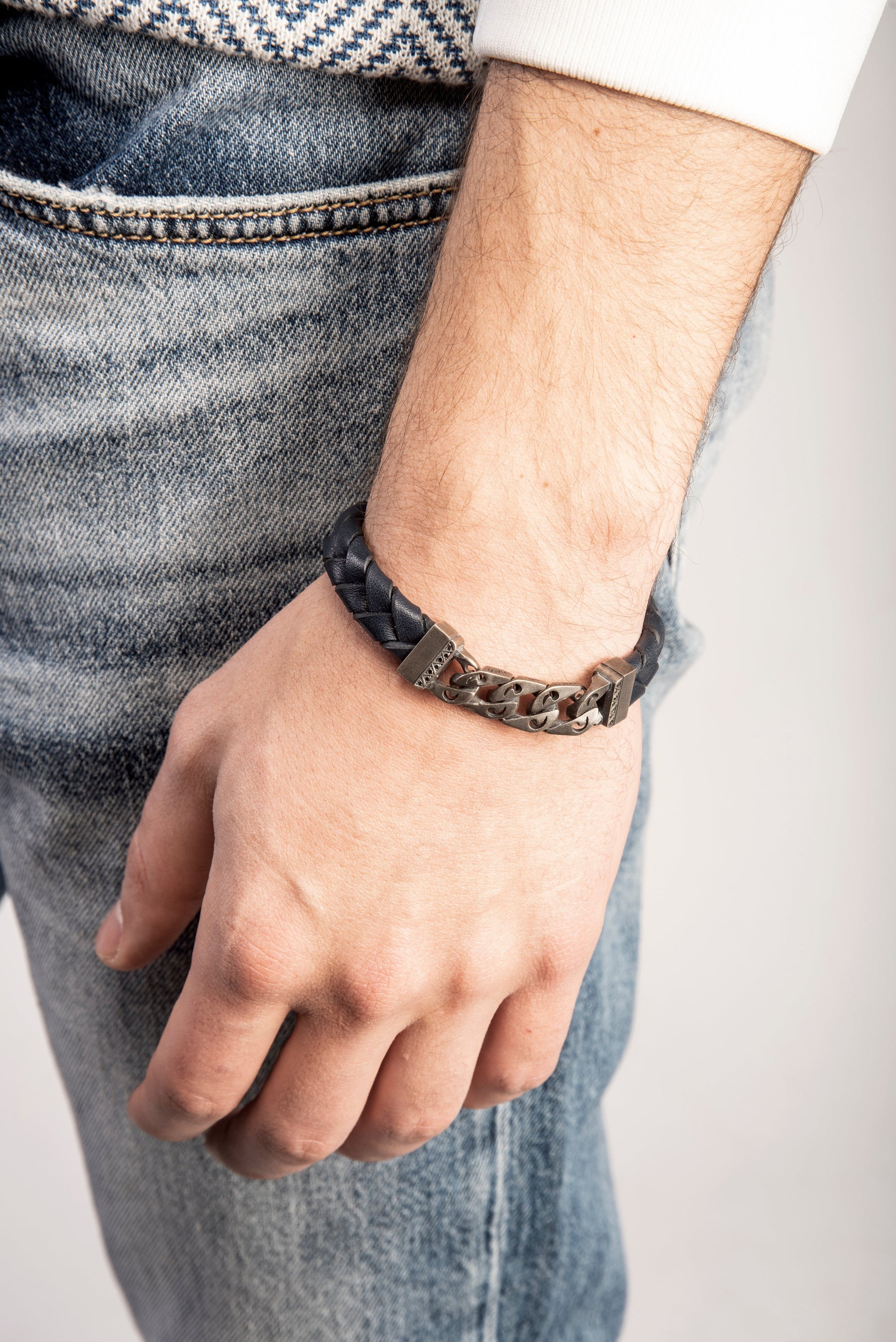 FLAMING TONGUE Chain ID Bracelet with Woven Leather