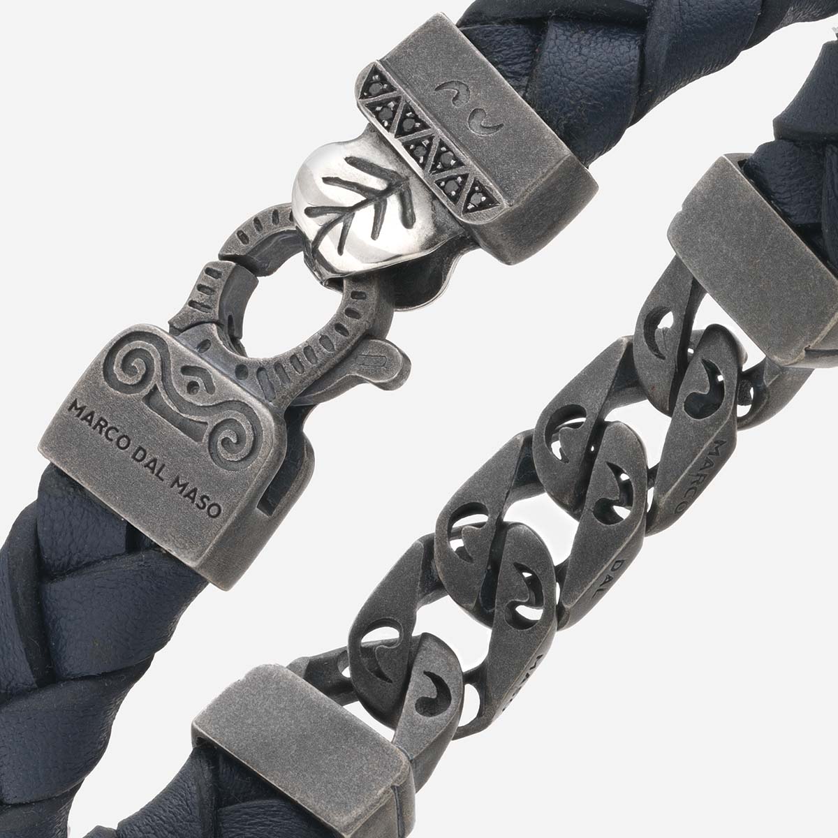 FLAMING TONGUE Chain ID Bracelet with Woven Leather, Black Diamonds, Blue Leather - Close-up View