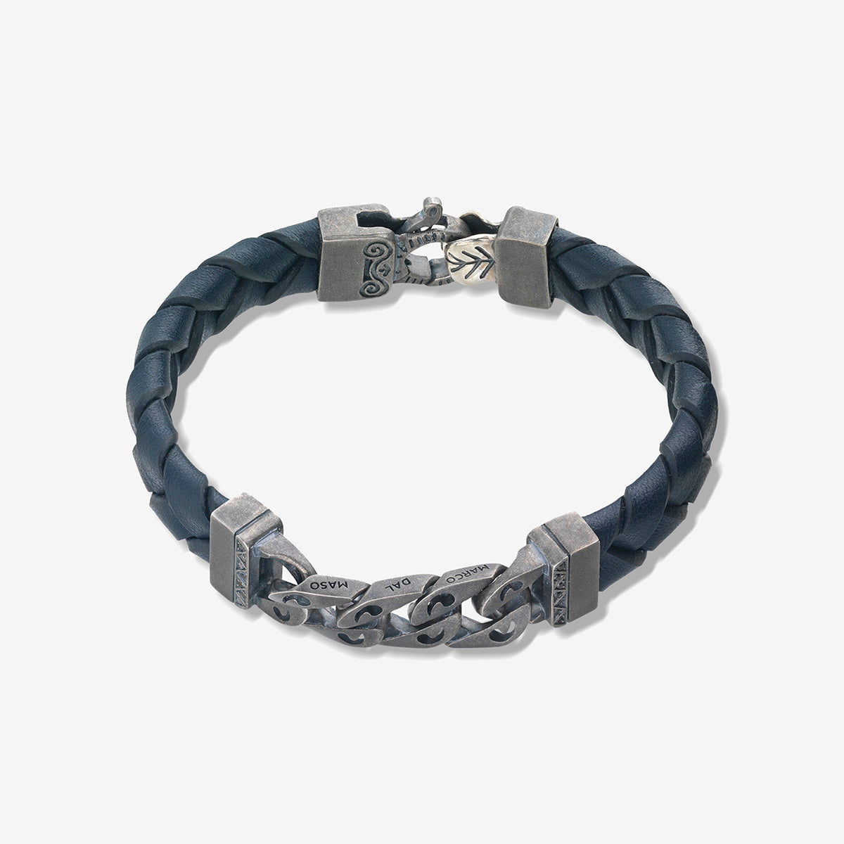FLAMING TONGUE Chain ID Bracelet with Woven Leather, Black Diamonds, Blue Leather - Top View