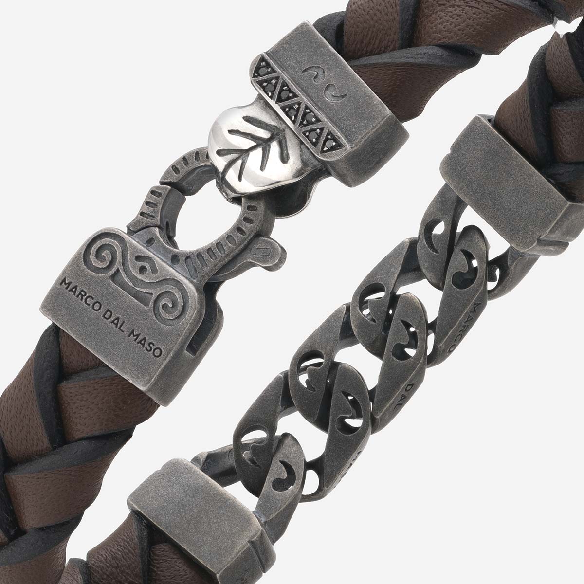 FLAMING TONGUE Chain ID Bracelet with Woven Leather, Black Diamonds, Brown Leather - Close-up View