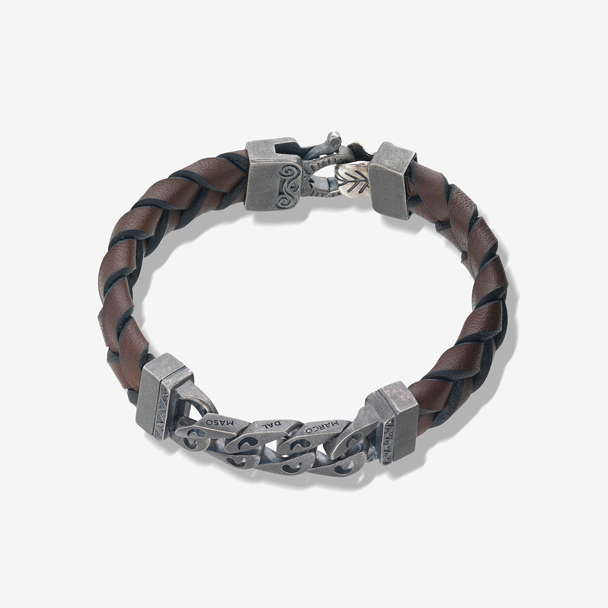 FLAMING TONGUE Chain ID Bracelet with Woven Leather, Black Diamonds, Brown Leather - Top View