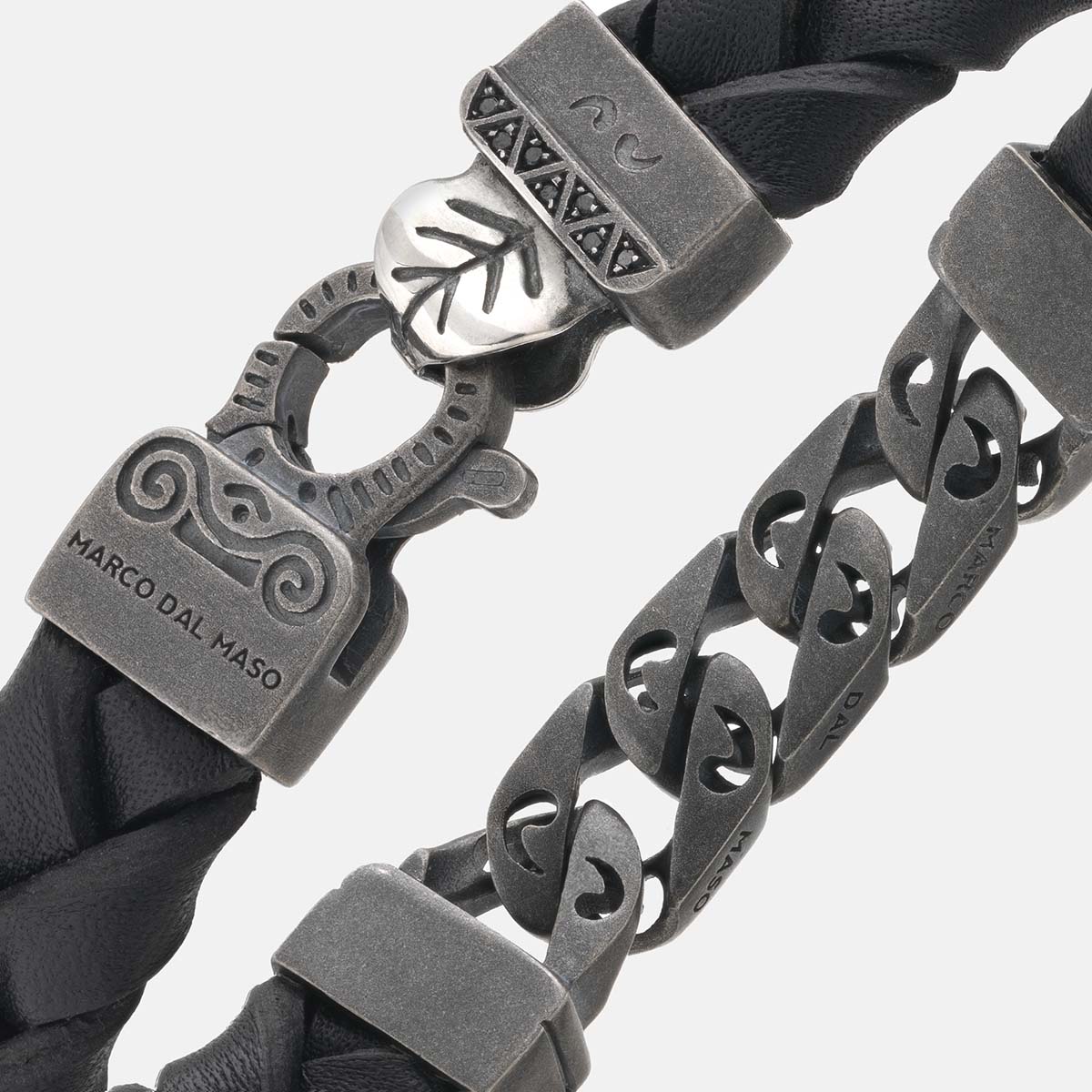 FLAMING TONGUE Chain ID Bracelet with Woven Leather, Black Diamonds, Black Leather - Close-up View