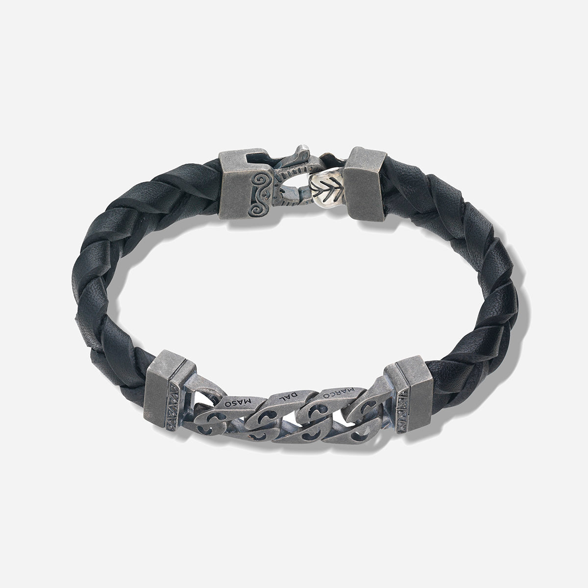 FLAMING TONGUE Chain ID Bracelet with Woven Leather, Black Diamonds, Black Leather - Top View