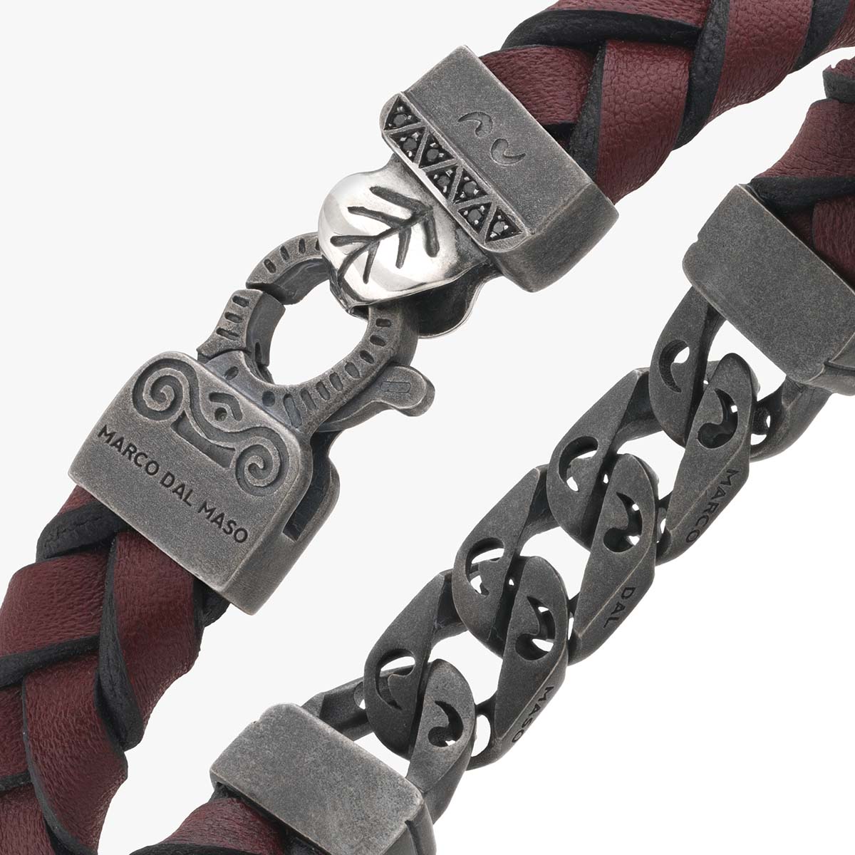 FLAMING TONGUE Chain ID Bracelet with Woven Leather, Black Diamonds, Red Leather - Close-up View