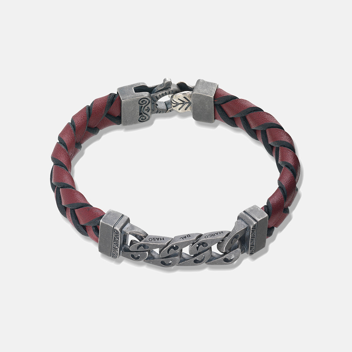 FLAMING TONGUE Chain ID Bracelet with Woven Leather, Black Diamonds, Red Leather -  Top View