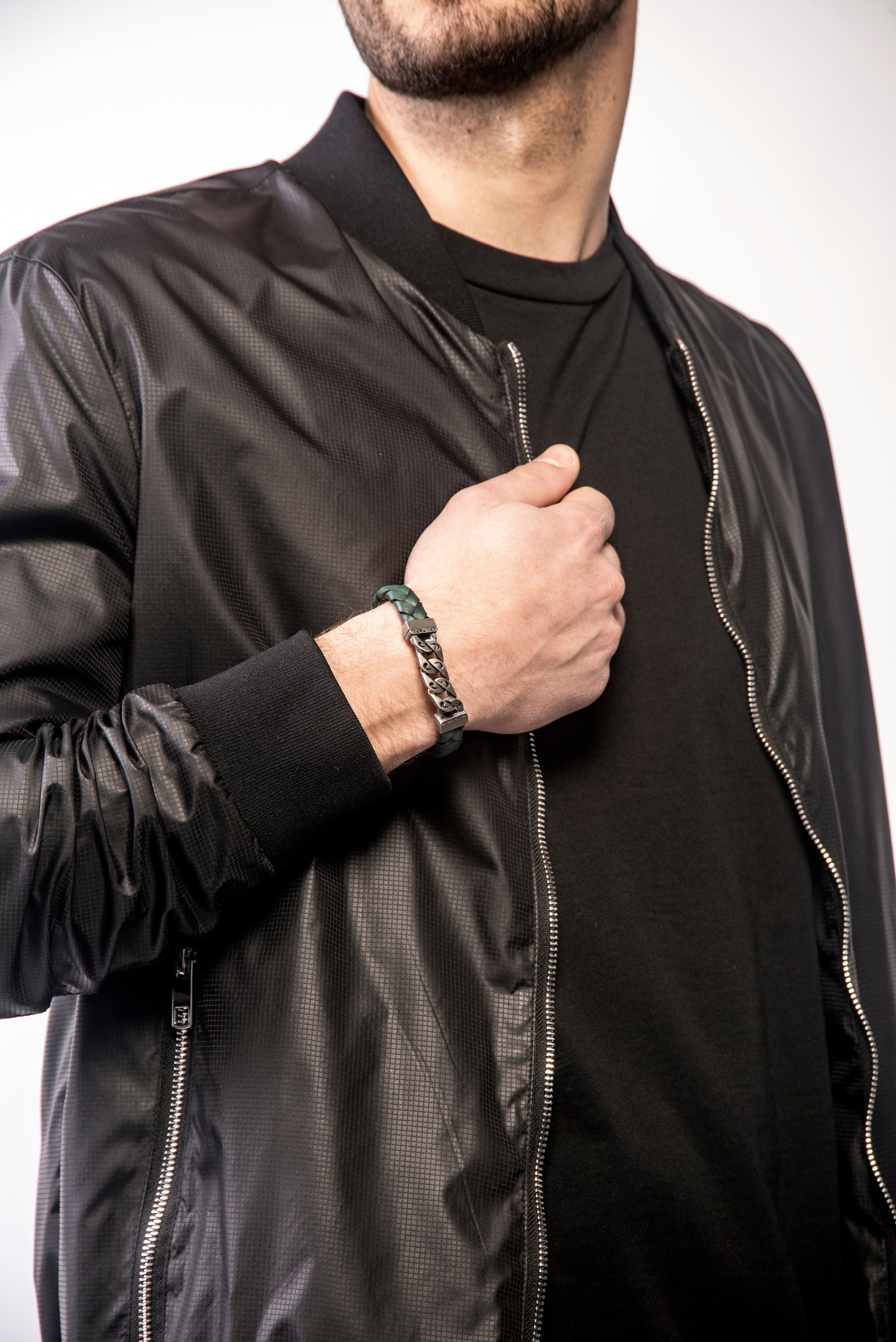 FLAMING TONGUE Chain ID Bracelet with Woven Leather