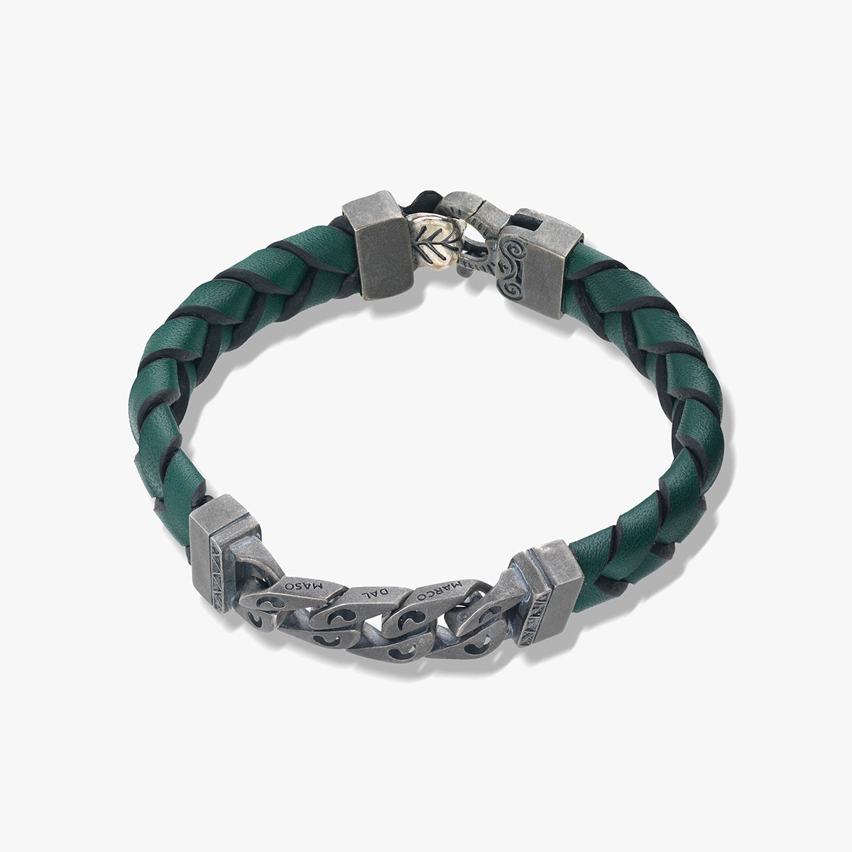 FLAMING TONGUE Chain ID Bracelet with Woven Leather, Black Diamonds, Green Leather - Top View