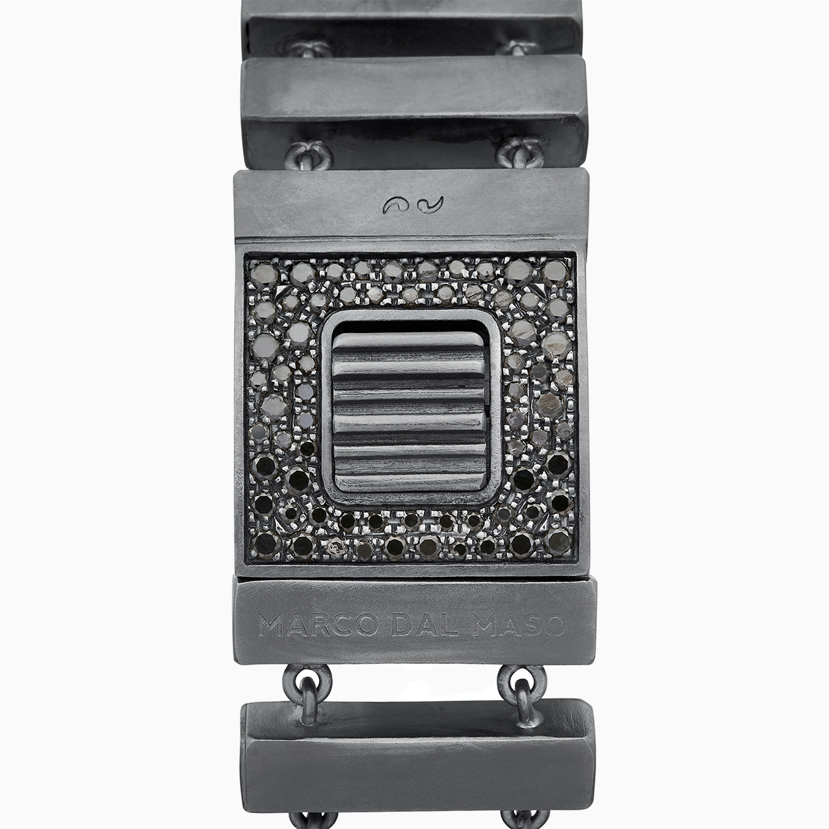 Close-up of Gladiator oxidized silver bracelet with intricate black diamond detailing - Marco Dal Maso