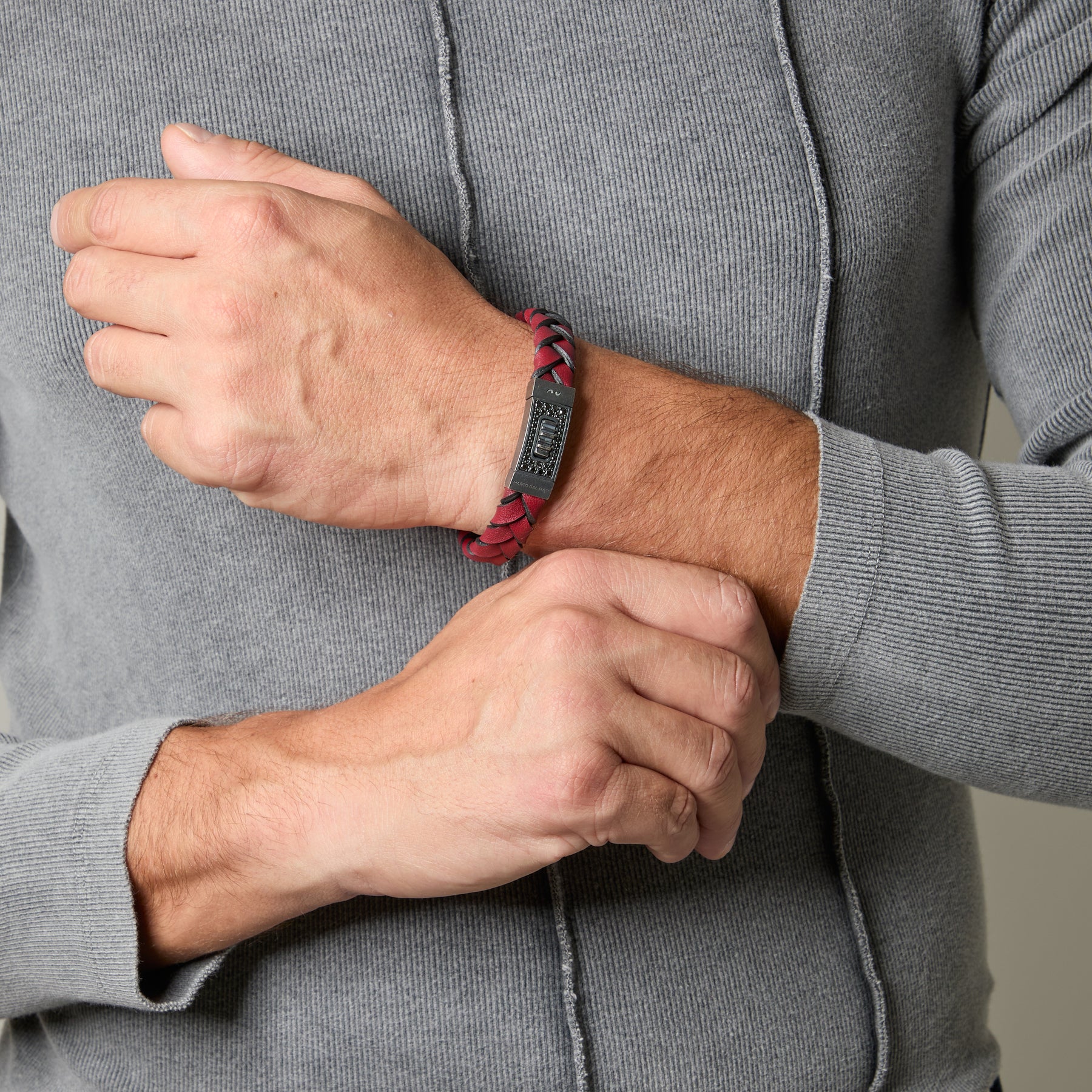 GLADIATOR Leather Bracelet, Oxidized Silver, Black Diamonds, Red Leather - Worn View