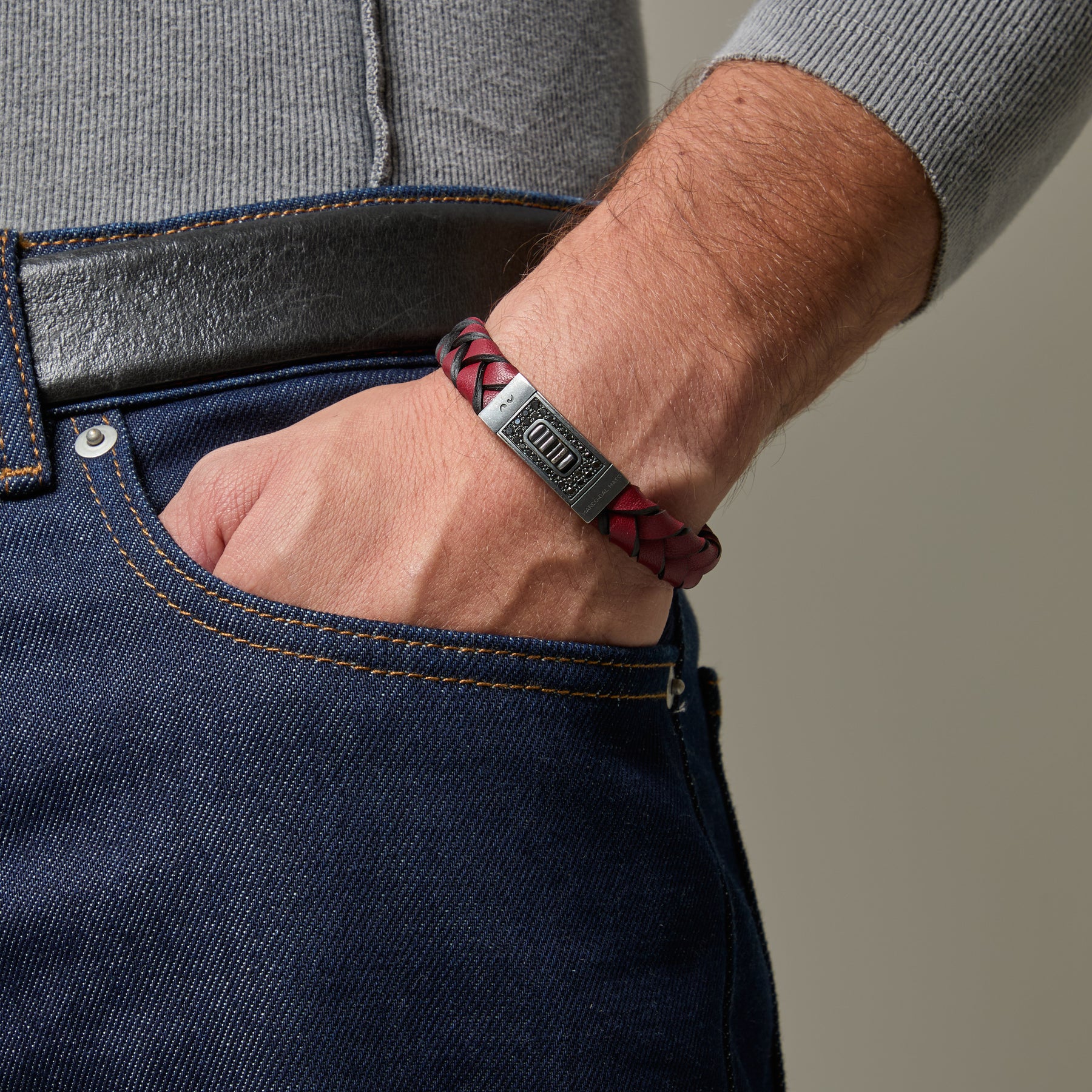 GLADIATOR Leather Bracelet, Oxidized Silver, Black Diamonds, Red Leather - Worn View