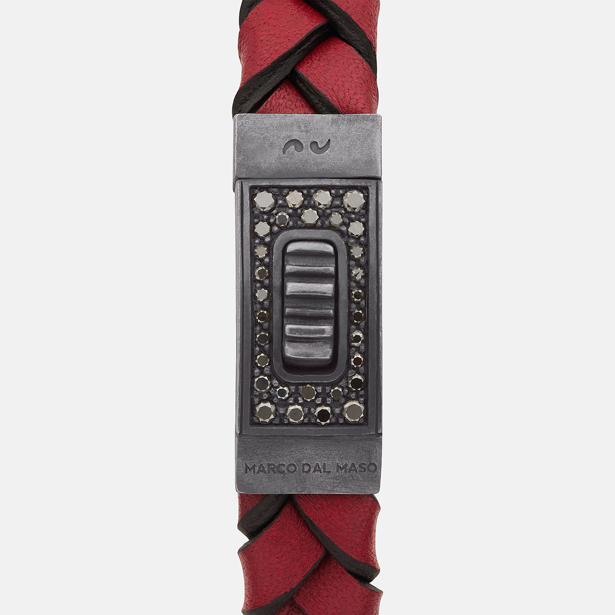 GLADIATOR Leather Bracelet, Oxidized Silver, Black Diamonds, Red Leather - Close-Up View