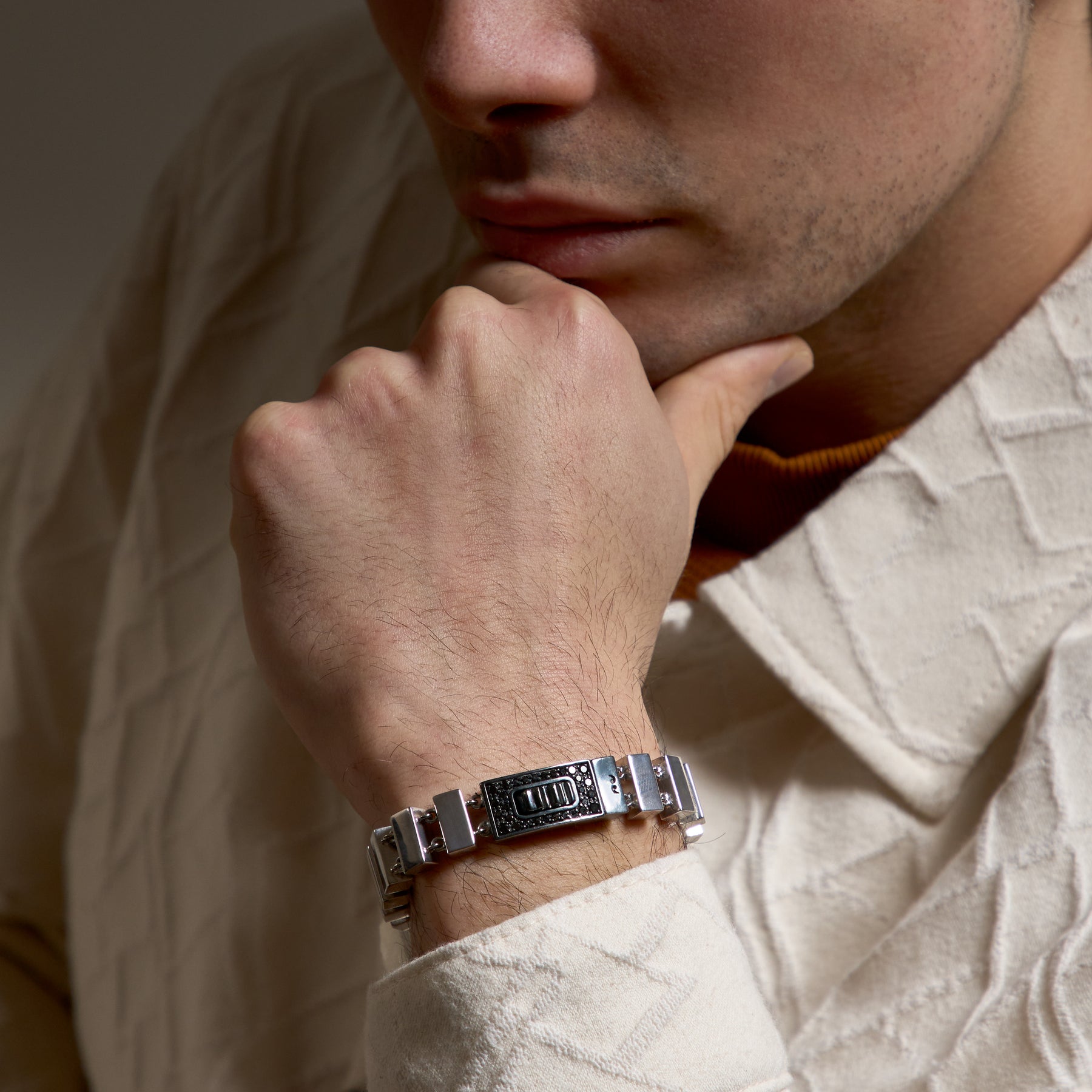 GLADIATOR Slim Bracelet, Polished, Oxidized Silver, Black Diamonds - Worn View