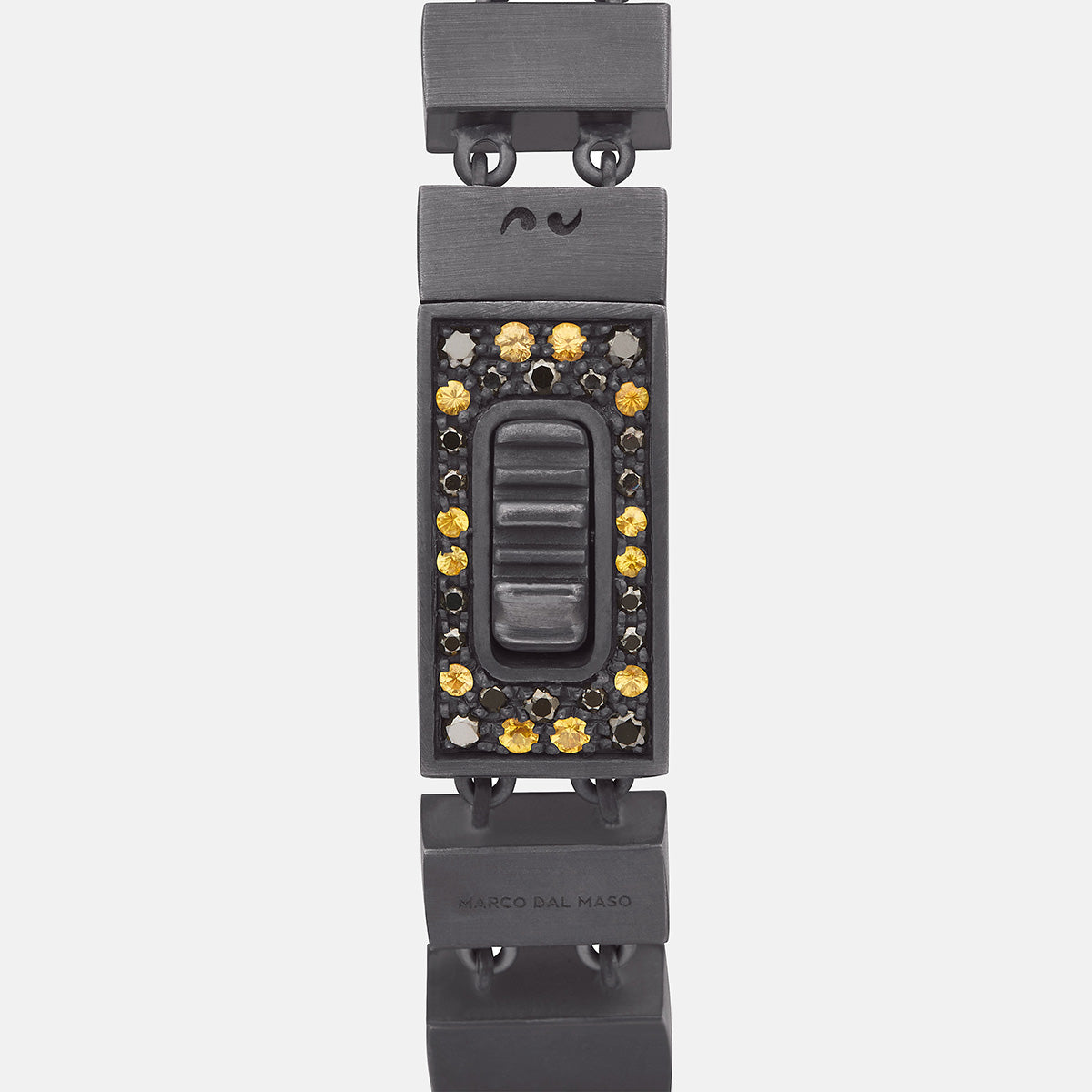 GLADIATOR Slim Bracelet, Oxidized Silver, Black Diamonds, Yellow Sapphires Close up view