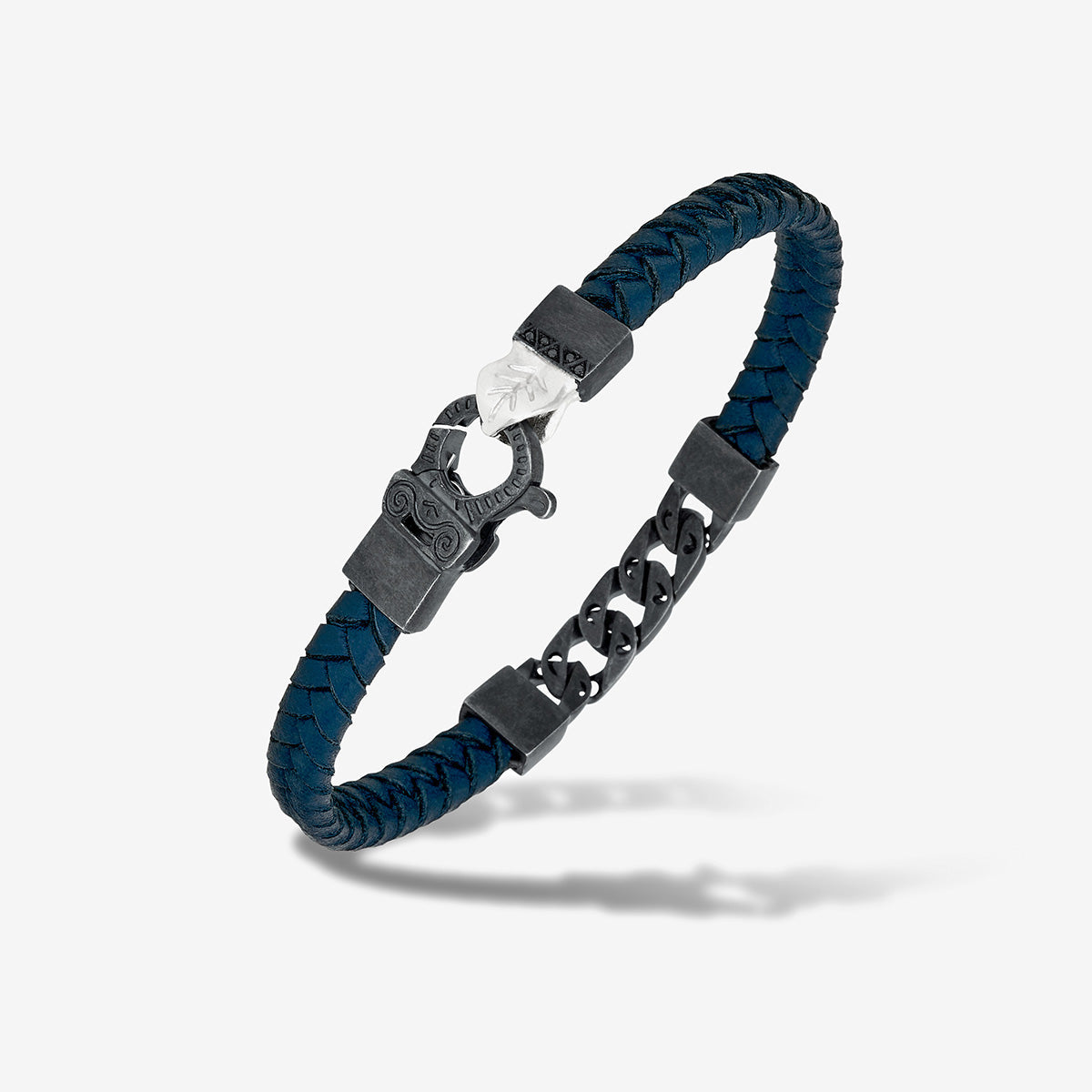 FLAMING TONGUE Chain ID Braided Leather Bracelet, Oxidized Silver, Black Diamonds, Blue Leather - Full View