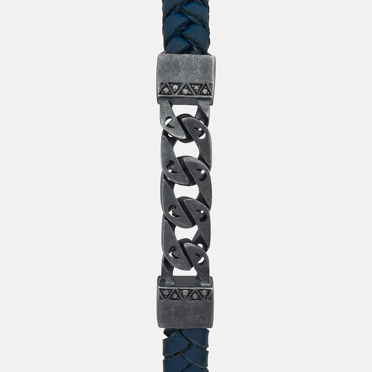 FLAMING TONGUE Chain ID Braided Leather Bracelet, Oxidized Silver, Black Diamonds, Blue Leather - Close-up View