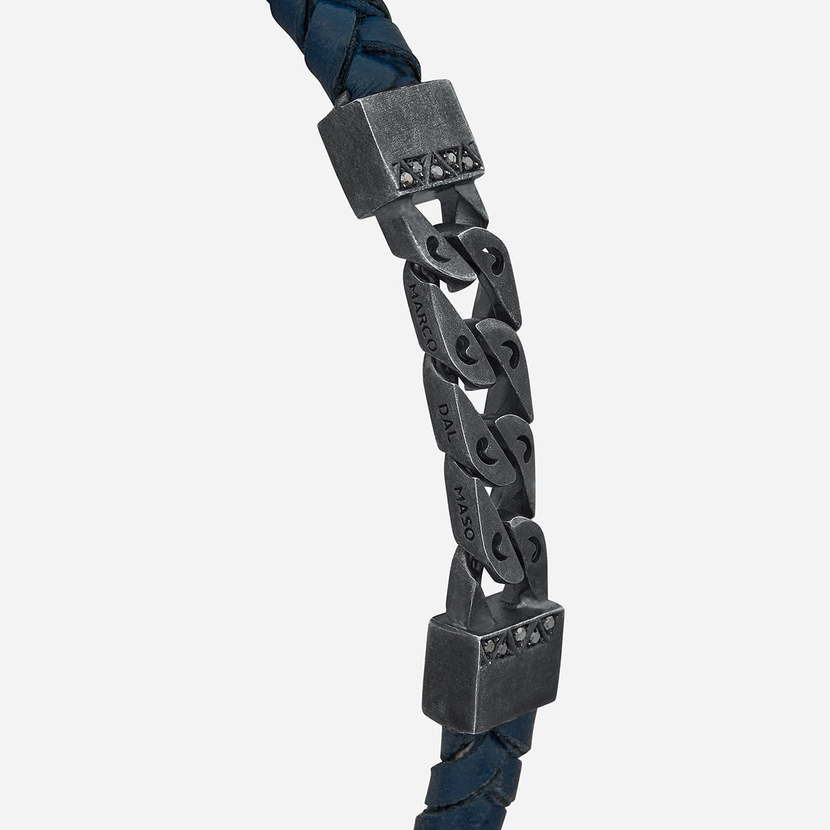 FLAMING TONGUE Chain ID Braided Leather Bracelet, Oxidized Silver, Black Diamonds, Blue Leather - Close-up Side View