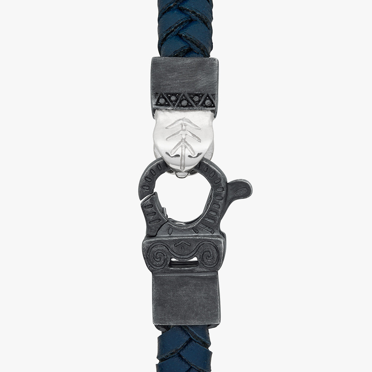 FLAMING TONGUE Chain ID Braided Leather Bracelet, Oxidized Silver, Black Diamonds, Blue Leather -  Clasp View
