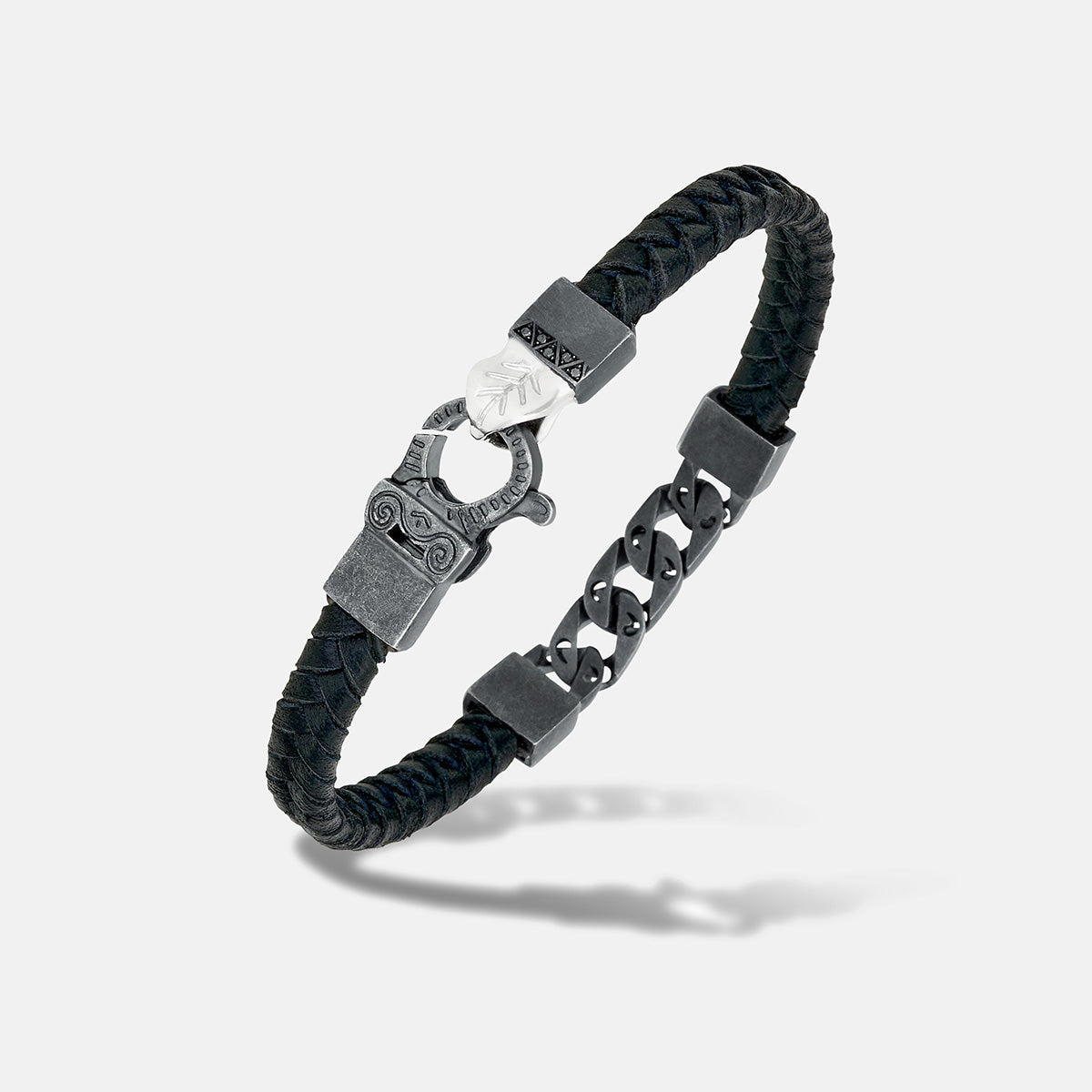 FLAMING TONGUE Chain ID Braided Leather Bracelet, Oxidized Silver, Black Diamonds, Black Leather - Full View