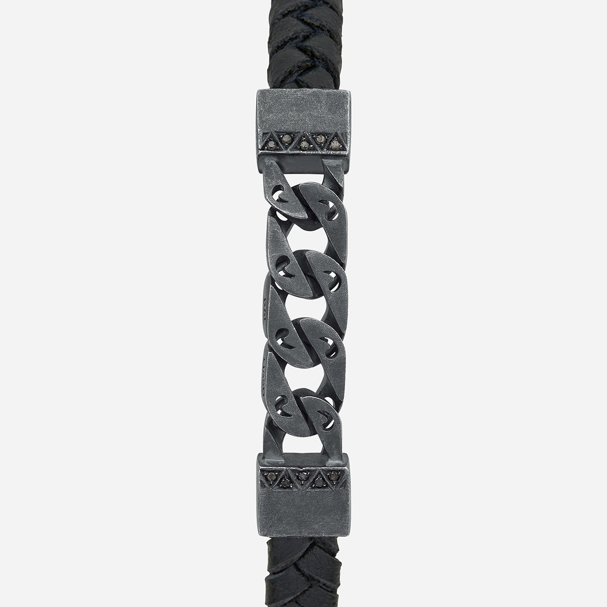 FLAMING TONGUE Chain ID Braided Leather Bracelet, Oxidized Silver, Black Diamonds, Black Leather - Close-up View