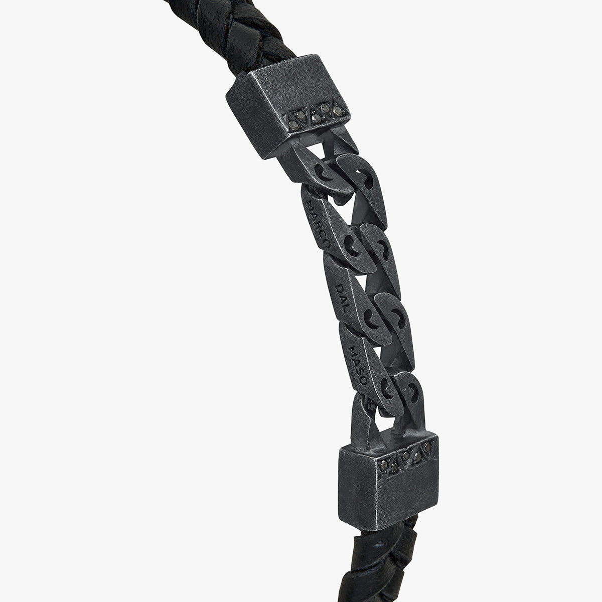 FLAMING TONGUE Chain ID Braided Leather Bracelet, Oxidized Silver, Black Diamonds, Black Leather - Close-up Side View