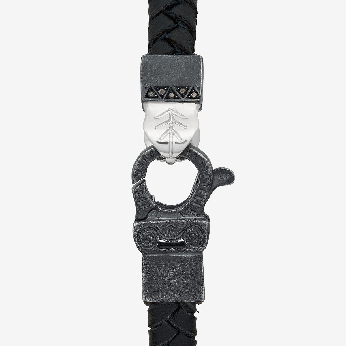 FLAMING TONGUE Chain ID Braided Leather Bracelet, Oxidized Silver, Black Diamonds, Black Leather - Clasp View