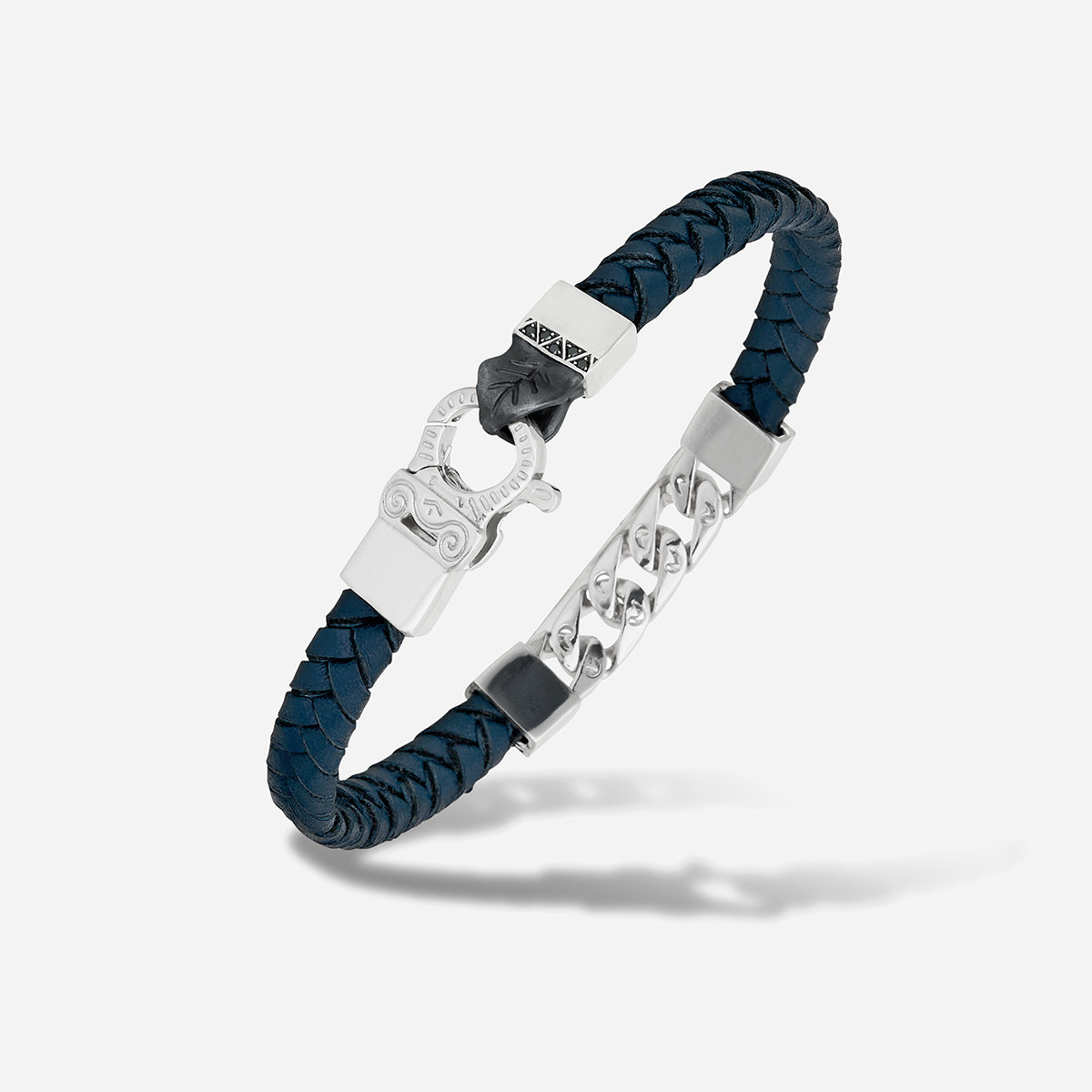 FLAMING TONGUE Chain ID Braided Leather Bracelet, Polished Silver, Black Diamonds, Blue Leather - Full View