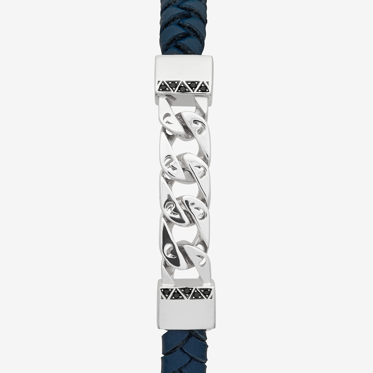 FLAMING TONGUE Chain ID Braided Leather Bracelet, Polished Silver, Black Diamonds, Blue Leather - Cose-up View