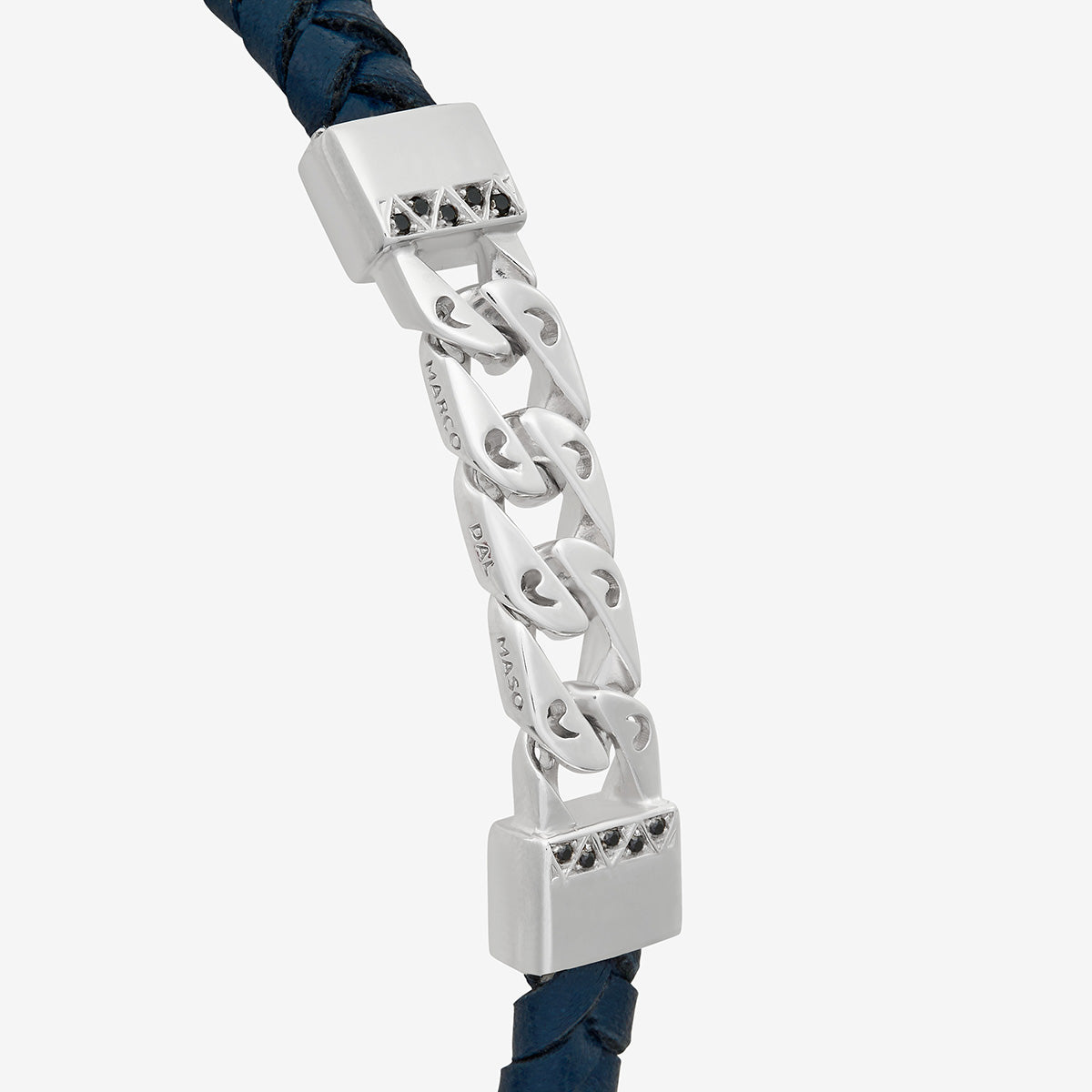 FLAMING TONGUE Chain ID Braided Leather Bracelet, Polished Silver, Black Diamonds, Blue Leather - Close-up Side View