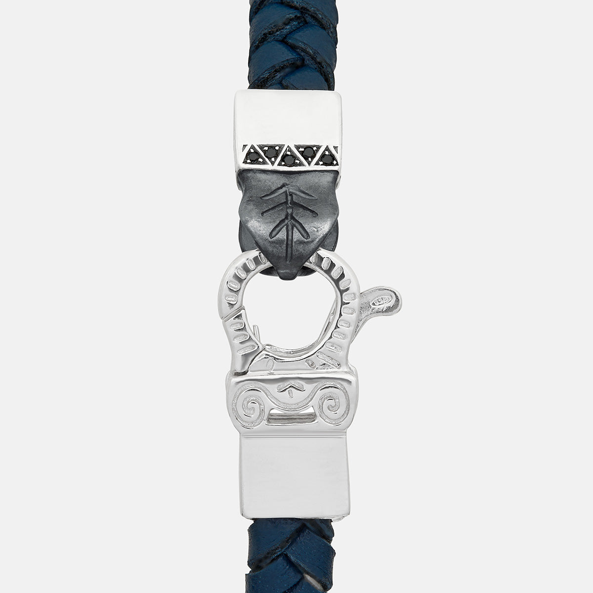 FLAMING TONGUE Chain ID Braided Leather Bracelet, Polished Silver, Black Diamonds, Blue Leather - Clasp View