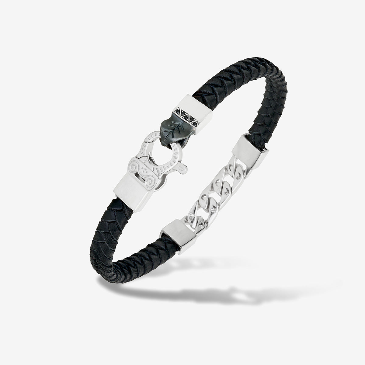 FLAMING TONGUE Chain ID Braided Leather Bracelet, Polished Silver, Black Diamonds, Black Leather - Full View
