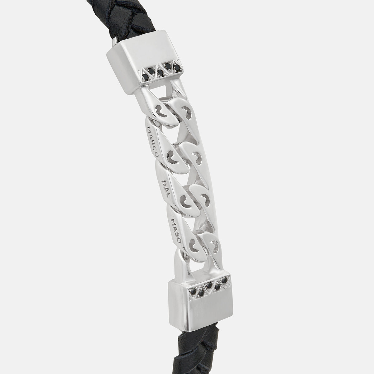 FLAMING TONGUE Chain ID Braided Leather Bracelet, Polished Silver, Black Diamonds, Black Leather - Close-up Side View