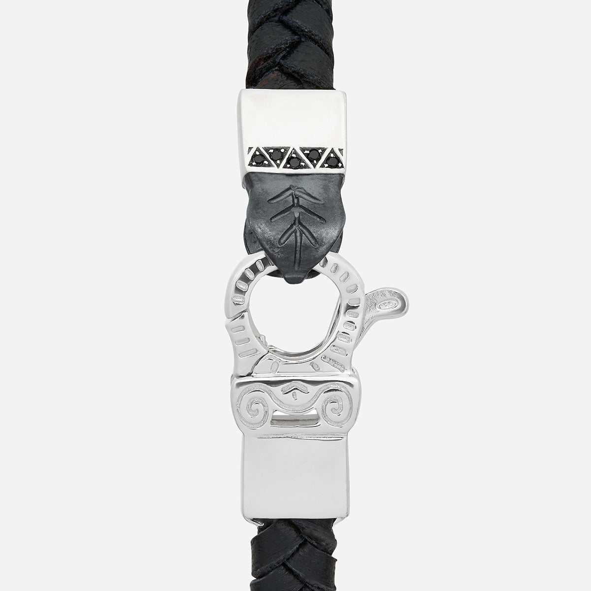 FLAMING TONGUE Chain ID Braided Leather Bracelet, Polished Silver, Black Diamonds, Black Leather - Clasp View