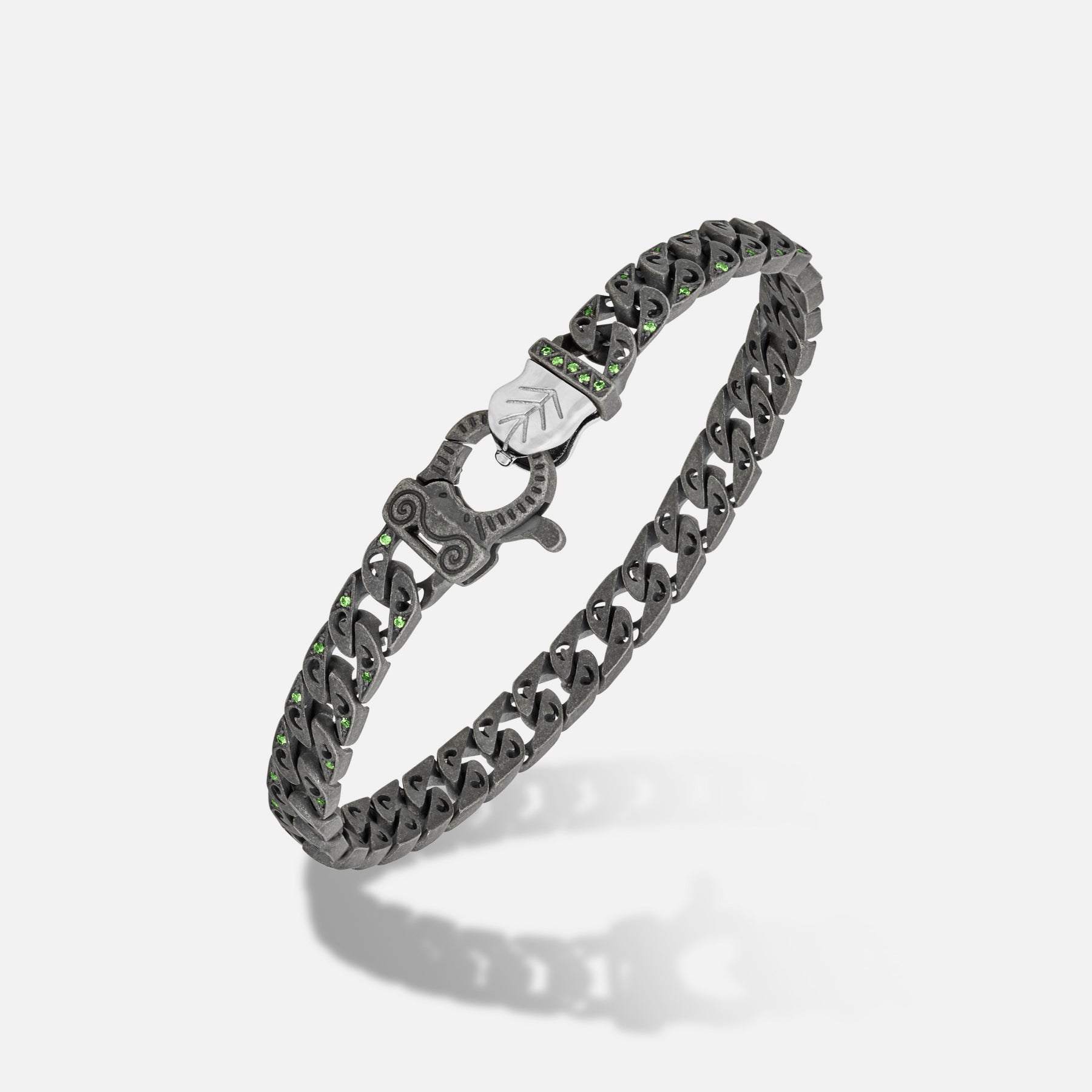 Front of Molten Loop Bracelet in Polished Silver, Oxidized Silver, Tsavorite - Bottom