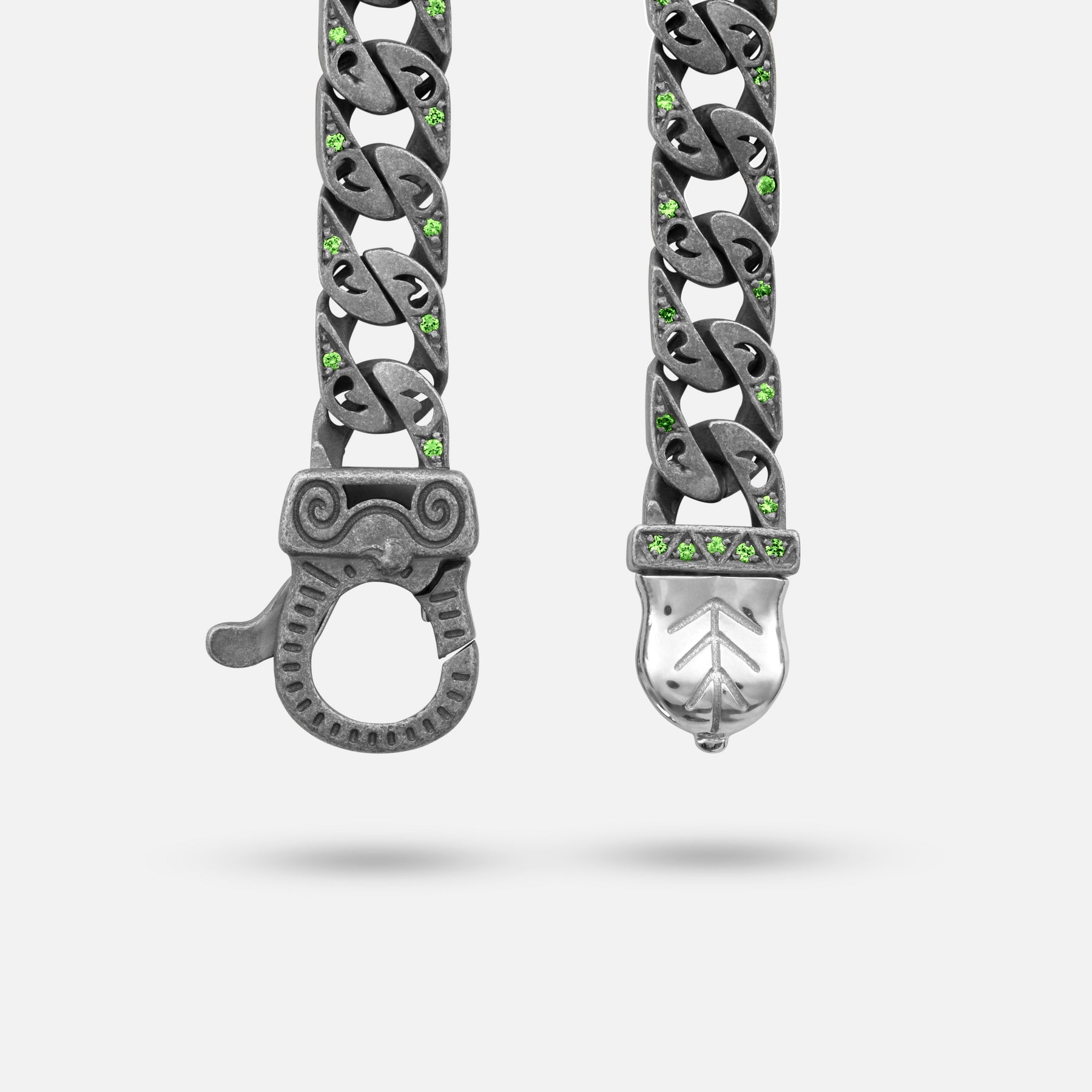 Detail of Molten Loop Bracelet in Polished Silver, Oxidized Silver, Tsavorite - Front