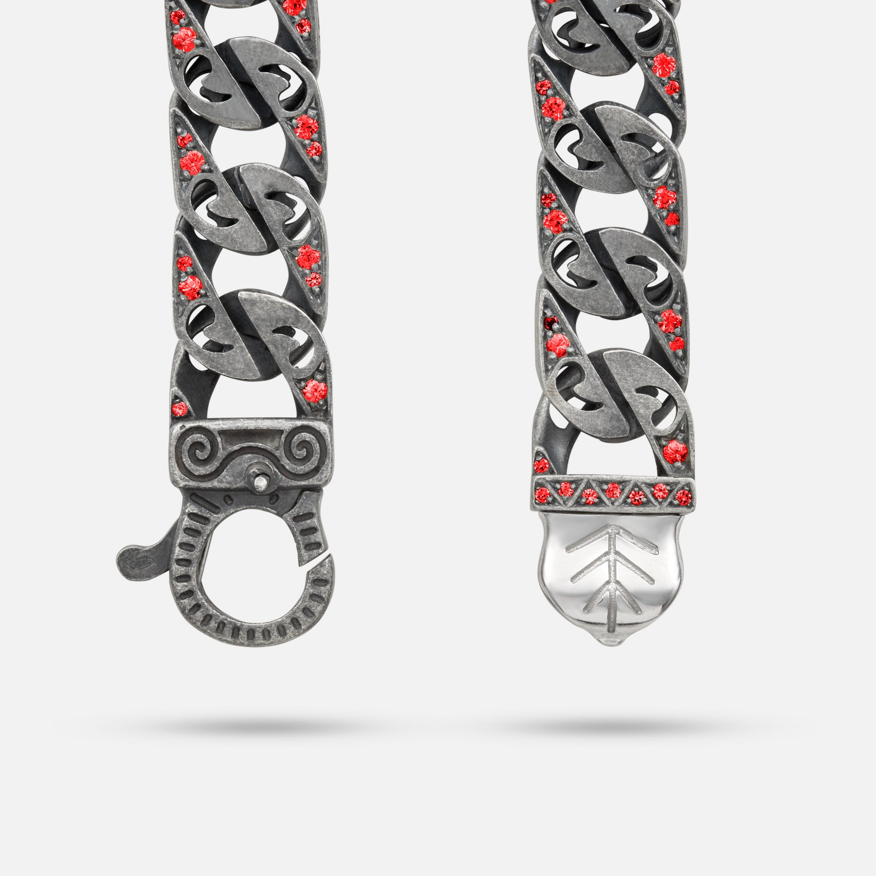 Detail of Molten Loop Wide Bracelet in Polished Silver, Oxidized Silver, Red Sapphire - Front