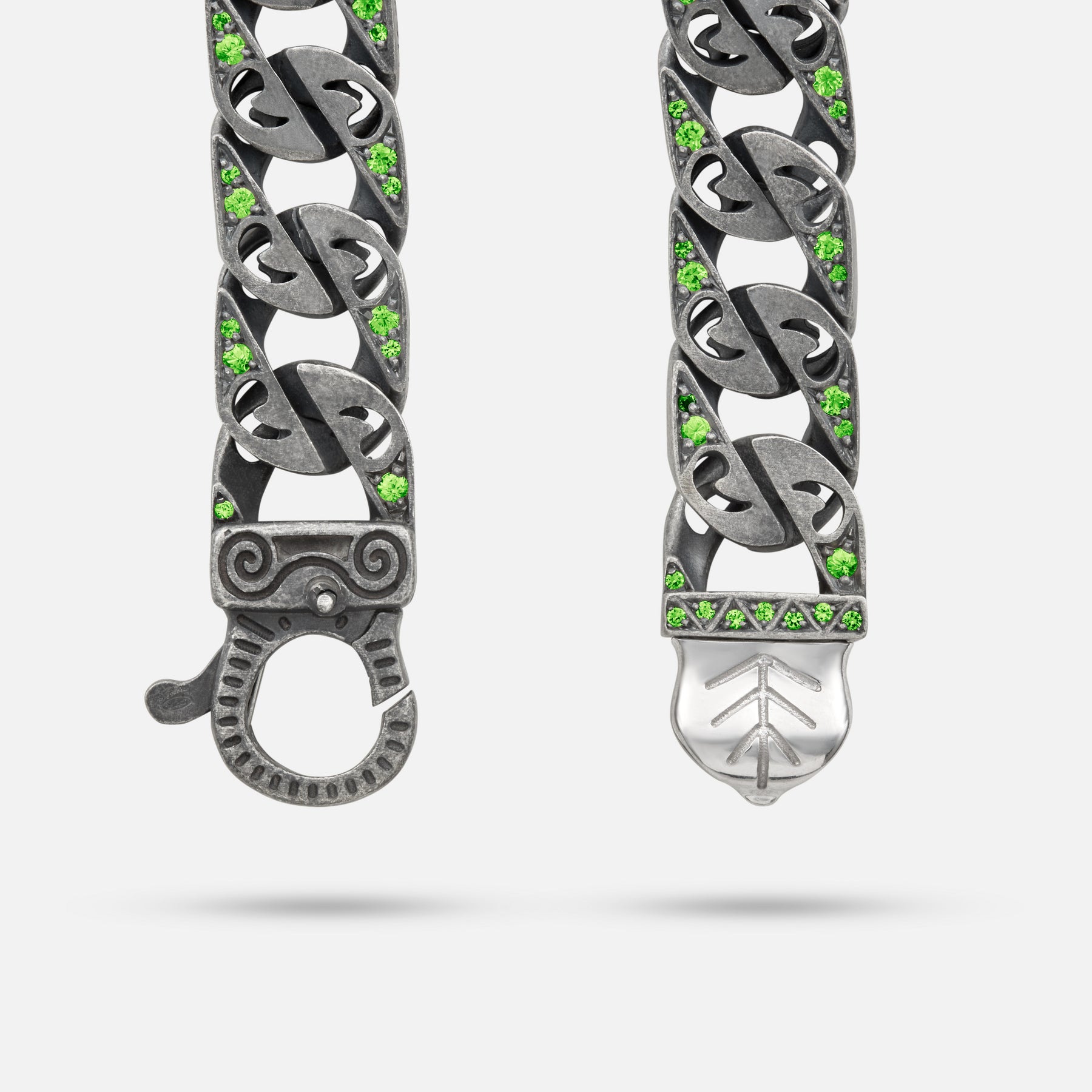 Detail of Molten Loop Wide Bracelet in Polished Silver, Oxidized Silver, Tsavorite - Front