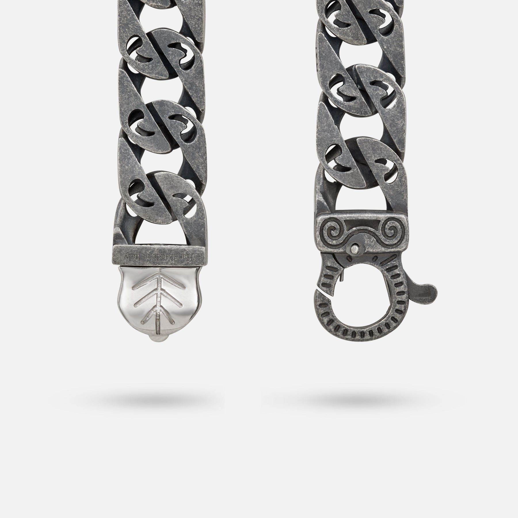 Detail of Molten Loop Wide Bracelet in Polished Silver, Oxidized Silver, Tsavorite - Back