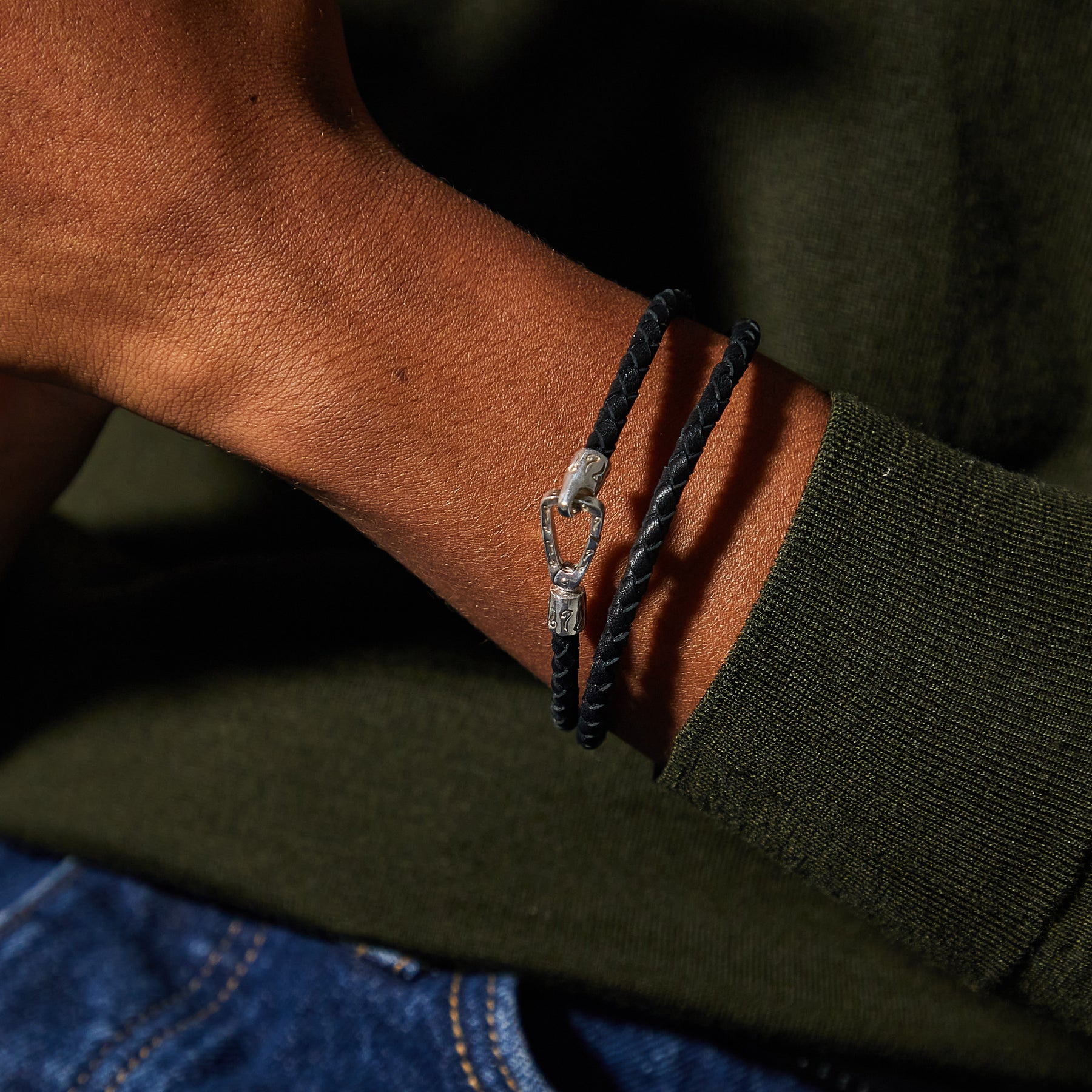 Lash Double Wrap braided Bracelet Polished Silver, Black Leather