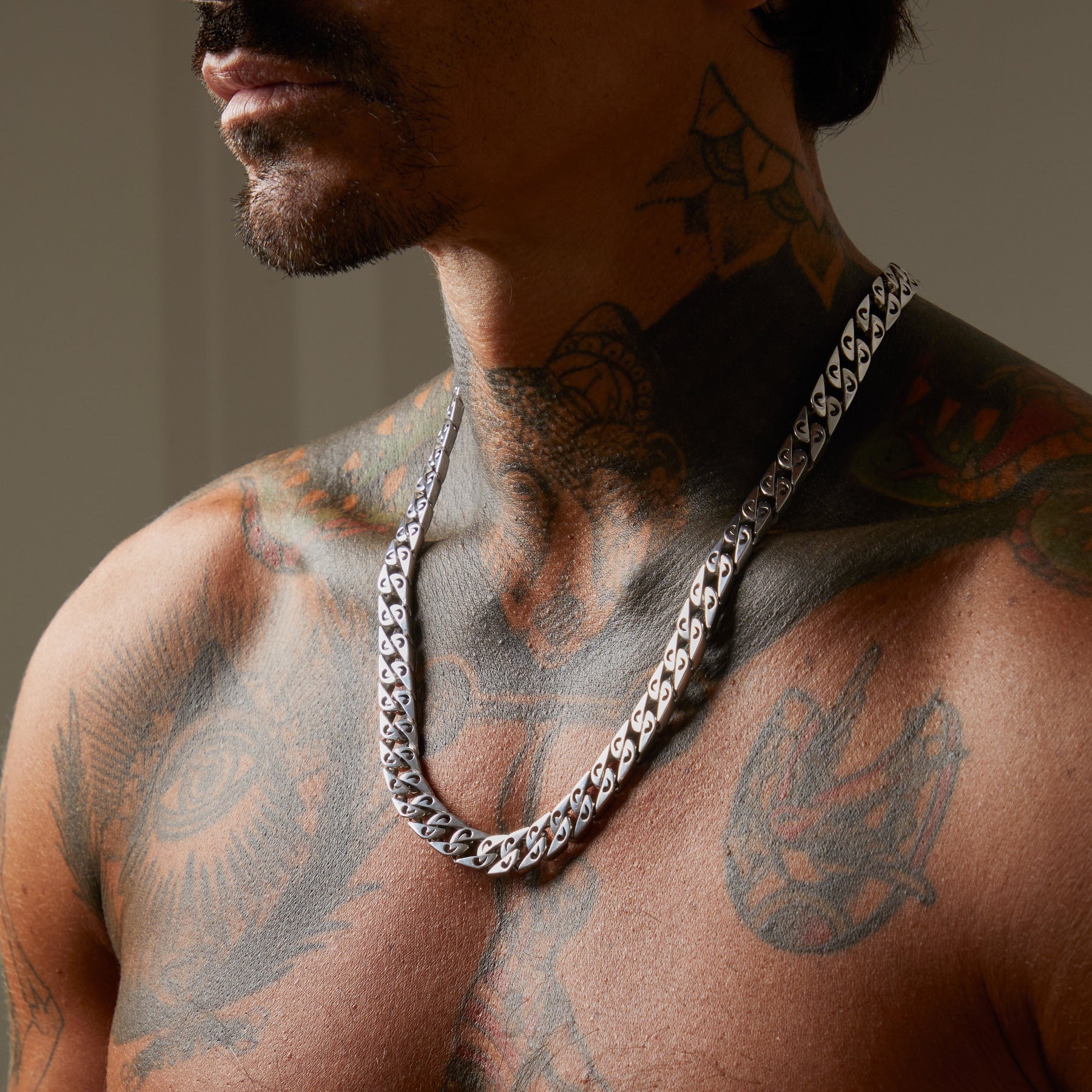 FLAMING TONGUE 9MM Necklace with Black Diamonds, Polished Silver, Black Diamonds - Male Worn View